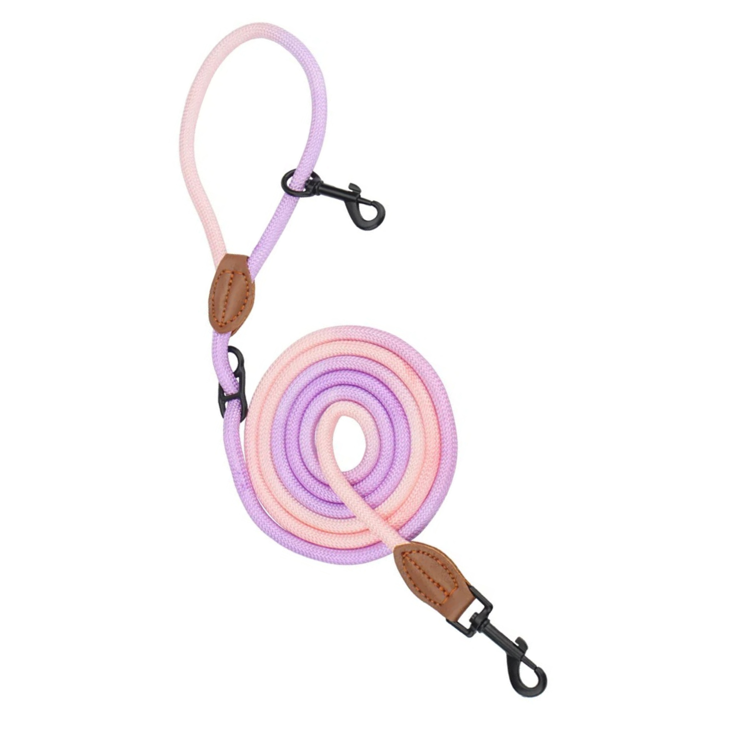 Laisse double dégradé rose violet avec attaches noires en métal pour chien.