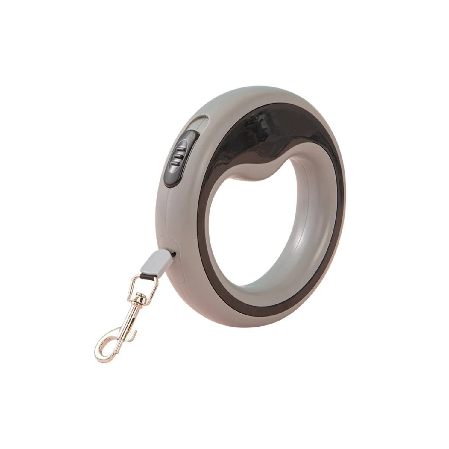 Laisse enrouleur gris avec mousqueton pour collier de chien.