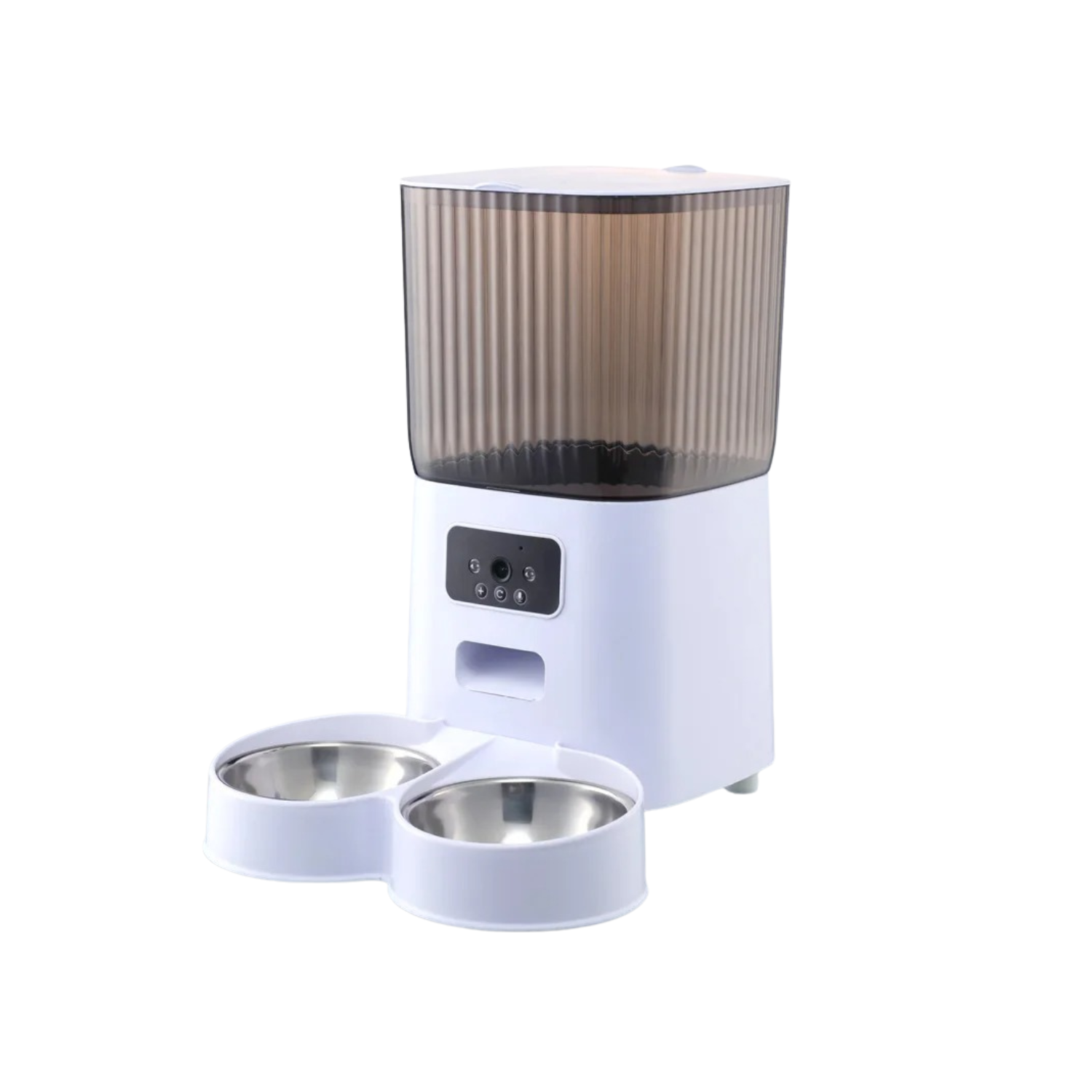 Distributeur croquettes blanc avec gamelle double en inox et caméra intégrée pour chien.