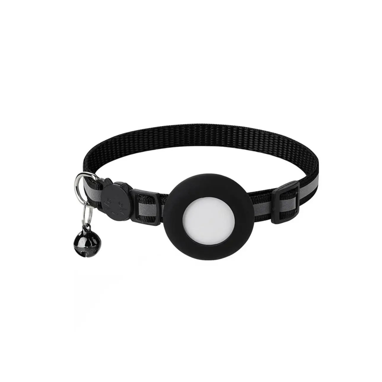 Collier noir réfléchissant avec porte AirTag et clochette pour chien ou chat.