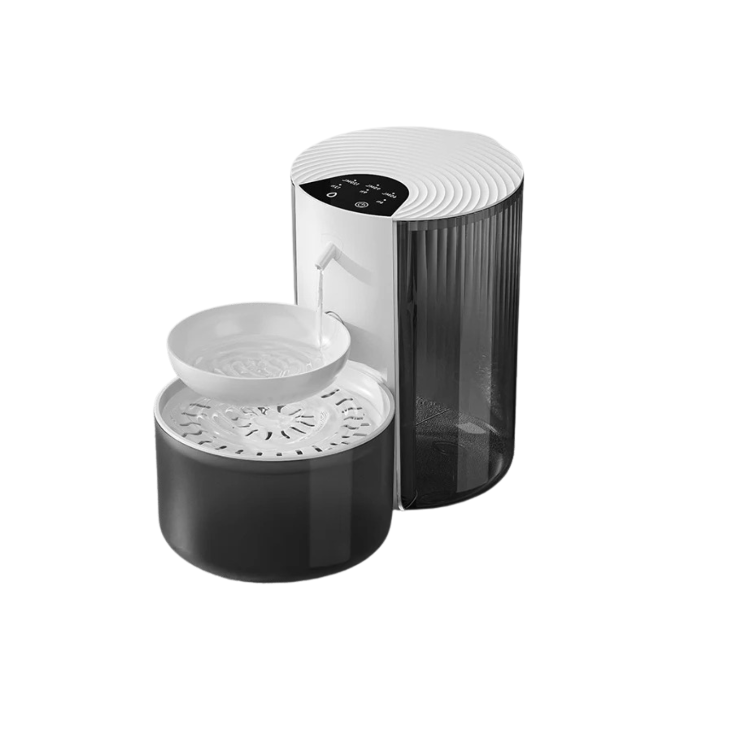 Fontaine à eau noire et blanche avec gamelle intégrée pour chien et chat, design moderne.