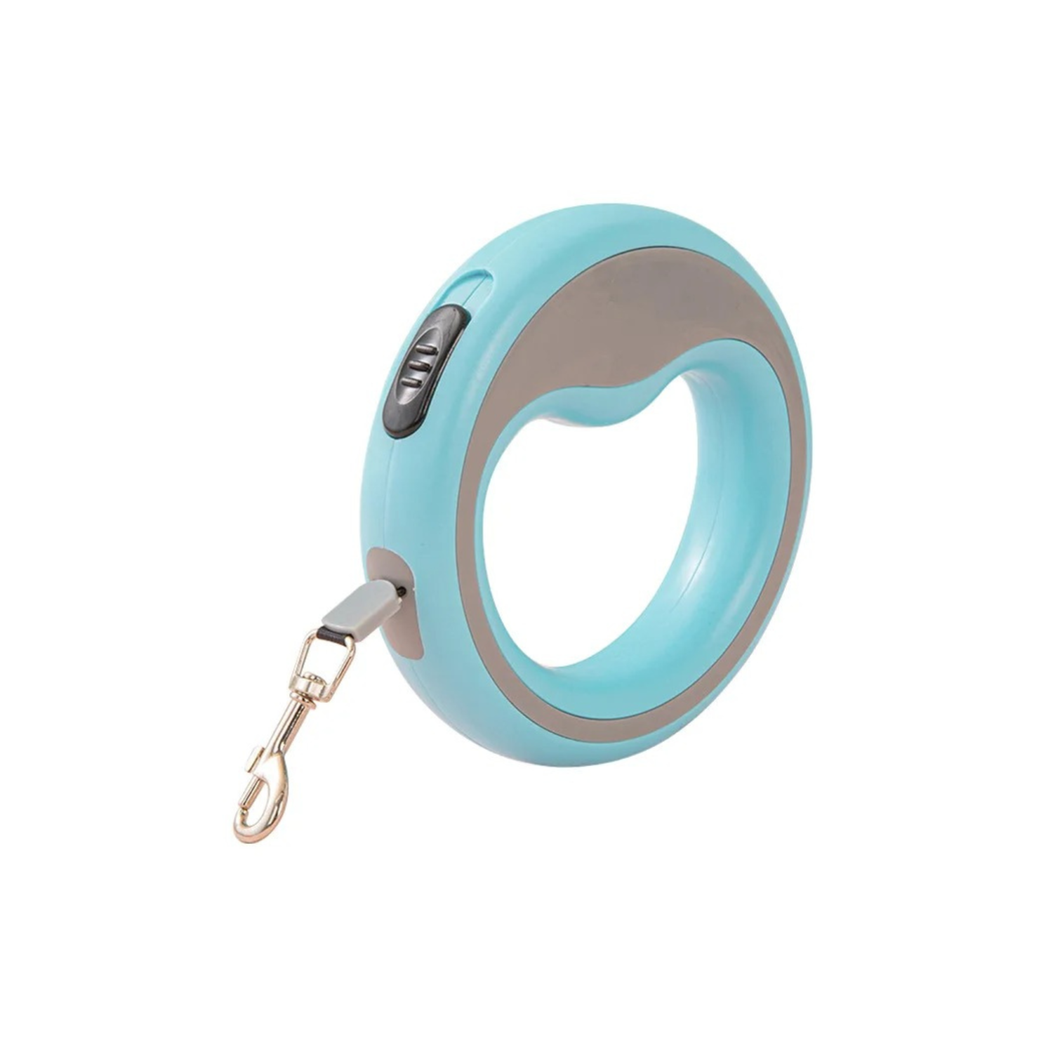 Laisse enrouleur gris et bleu ciel pour chien avec poignée ergonomique et clip métal.