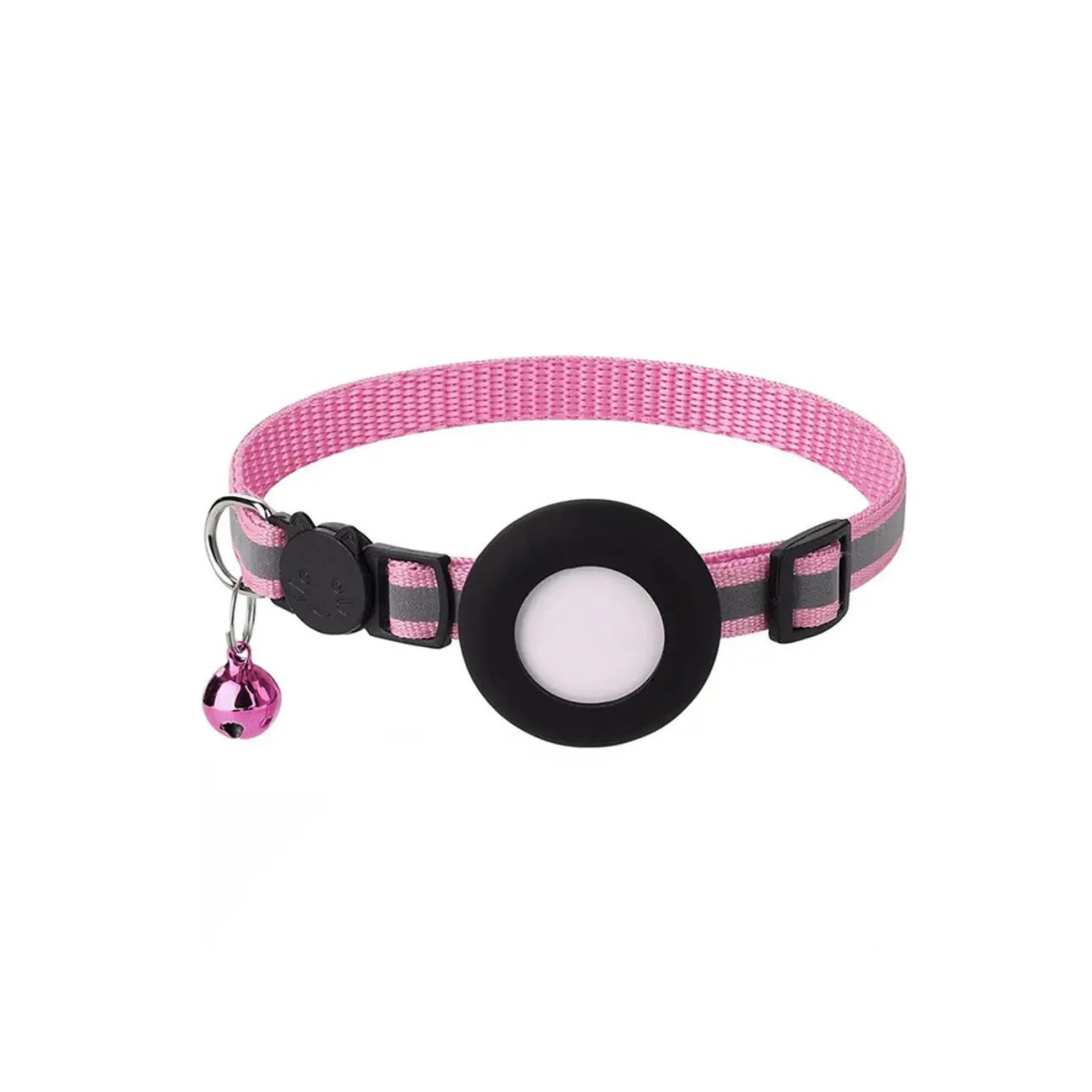 Collier chat rose avec porte AirTag réfléchissant et clochette attachée.