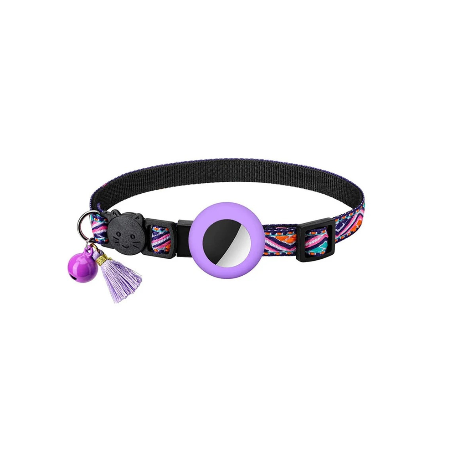 Collier pour chat noir avec motifs colorés, clochette violette et pendentif tassel, accessoire idéal pour laisse et gamelle.