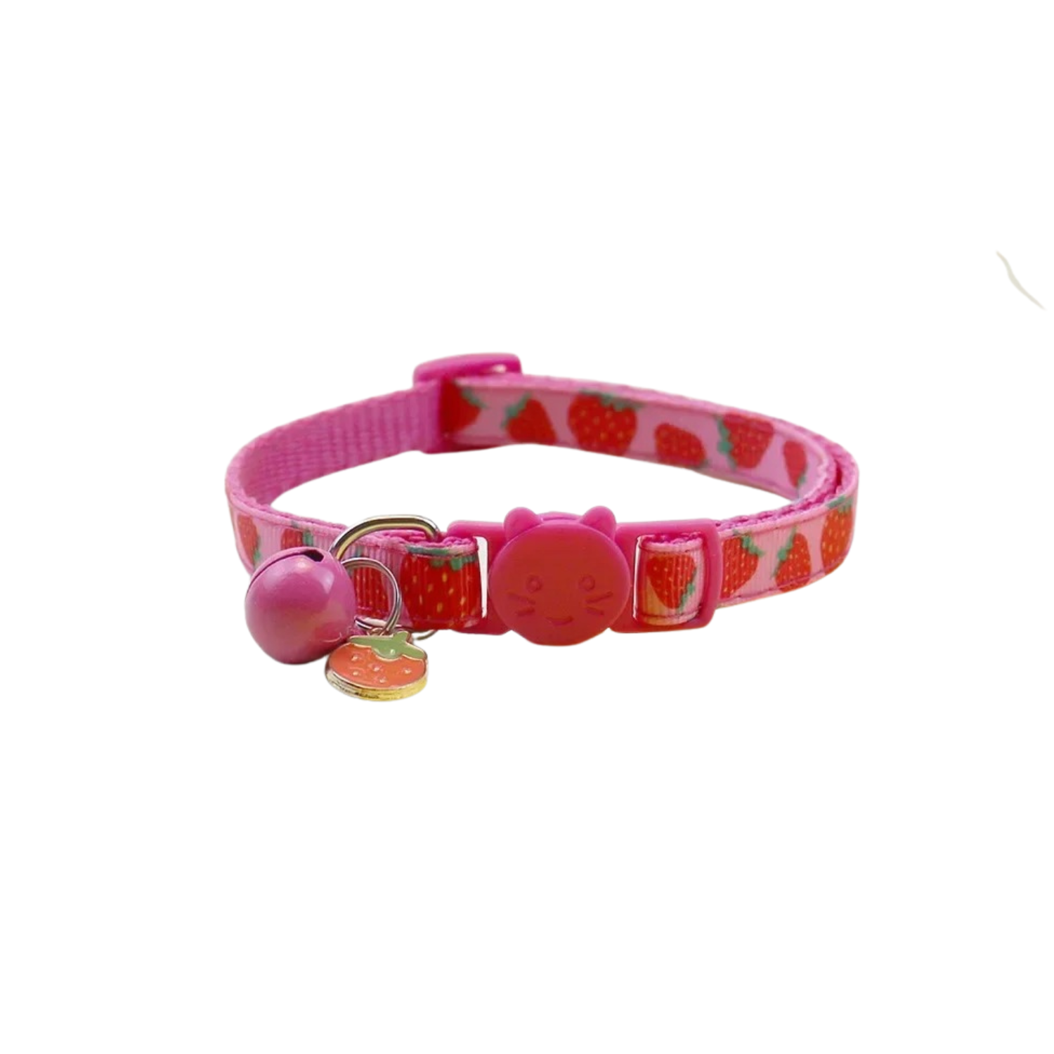 Collier rose pour chat avec motif fraises, clochette et boucle sécurisée, adapté aussi chien.