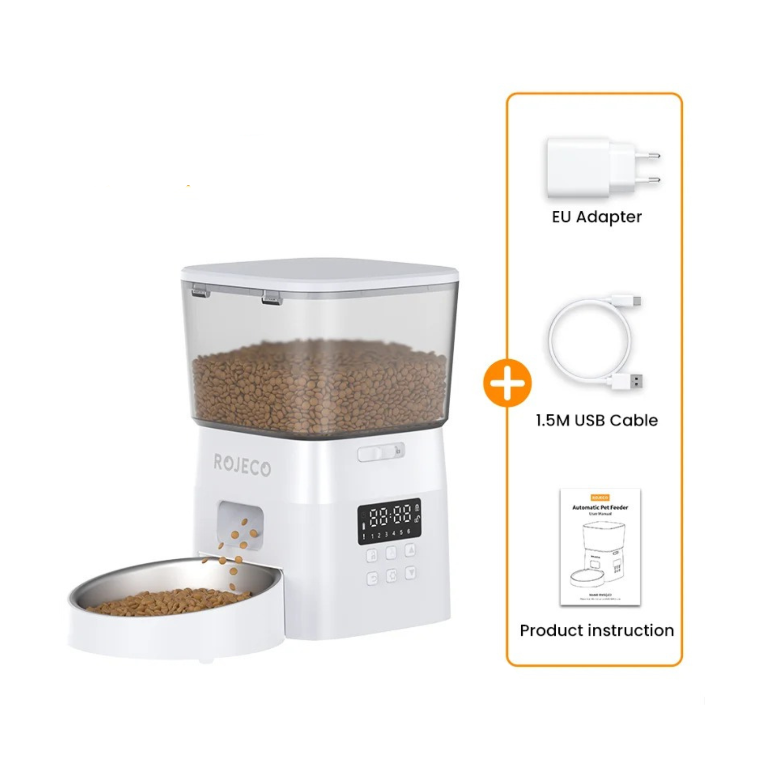 Distributeur blanc de croquettes pour chien avec gamelle intégrée et écran digital.