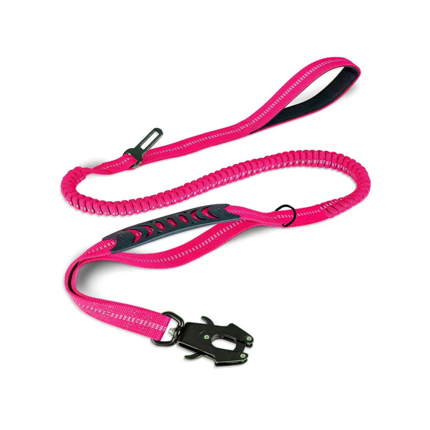 Laisse rose avec amortisseur et attache ceinture pour chien, détail collier visible.
