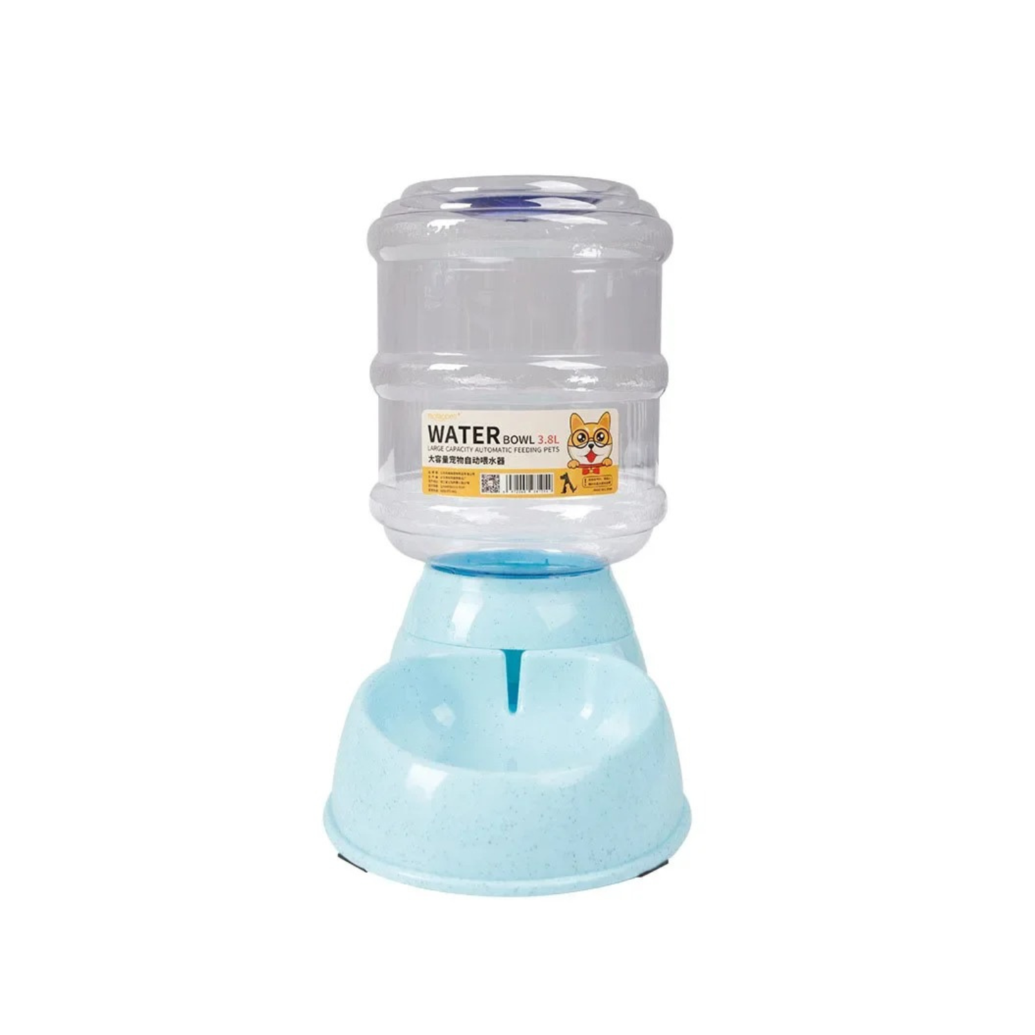 Distributeur d'eau bleu clair pour chien avec gamelle intégrée, compatible laisse et collier.