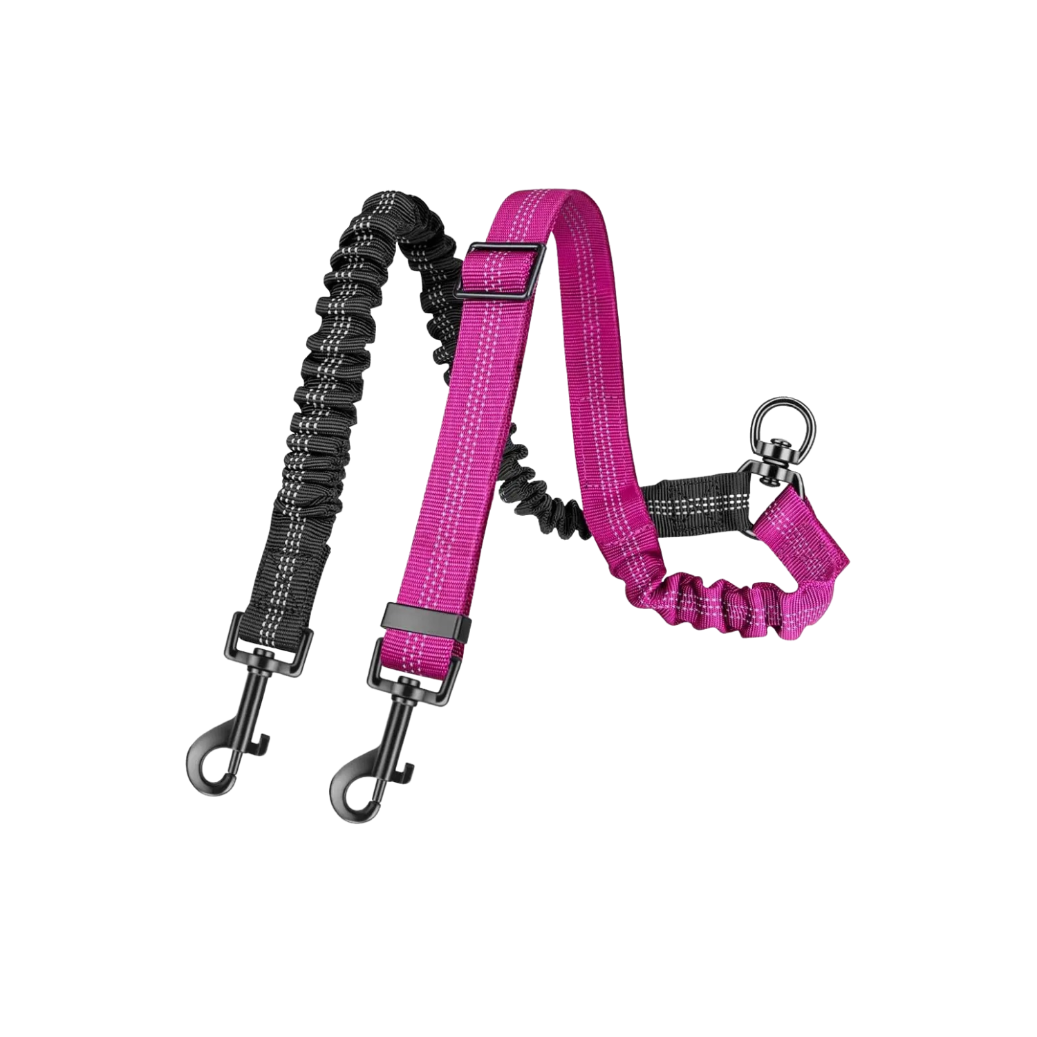 Laisse double stretch rose avec mousquetons pour chien, collier ajustable intégré.