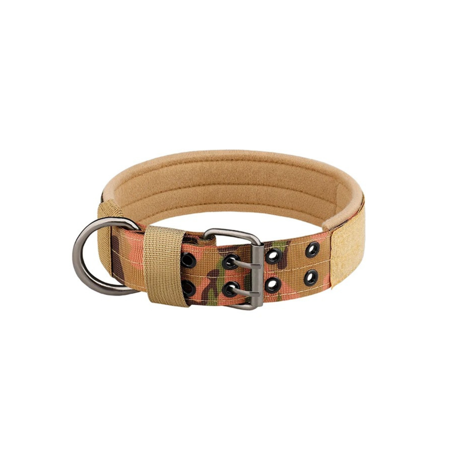 Collier chien style militaire camouflage avec boucle métallique et œillet renforcé.