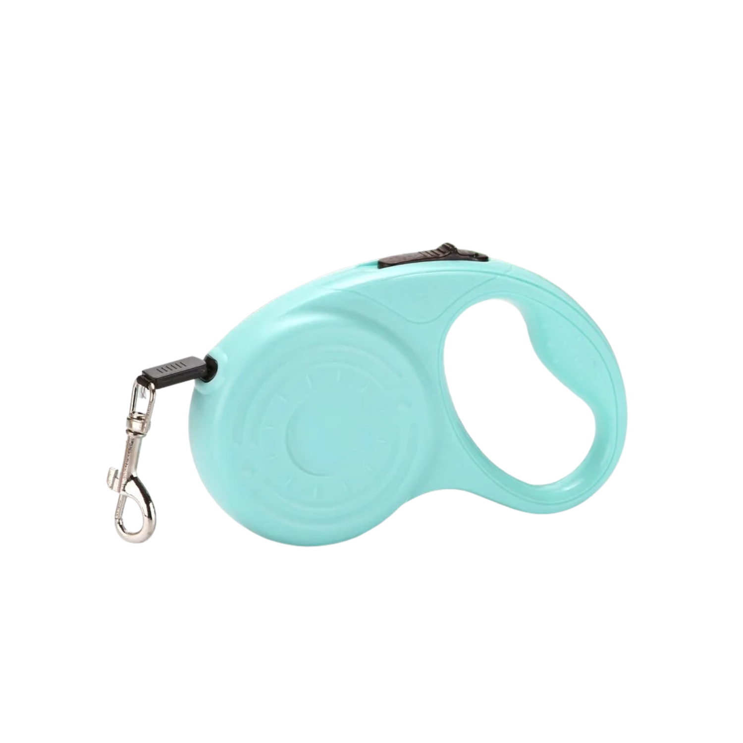 Laisse enrouleur bleu clair pour chien avec poignée ergonomique et attache métalique.
