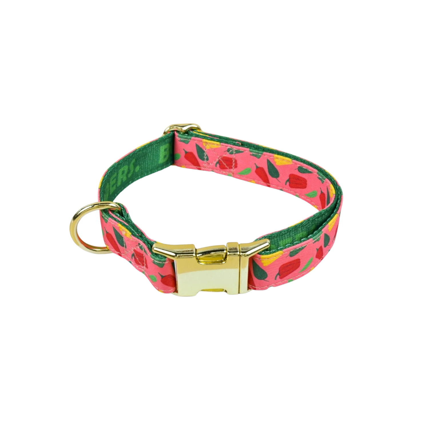 Collier chien style poivrons rouge et vert avec boucle métal doré.