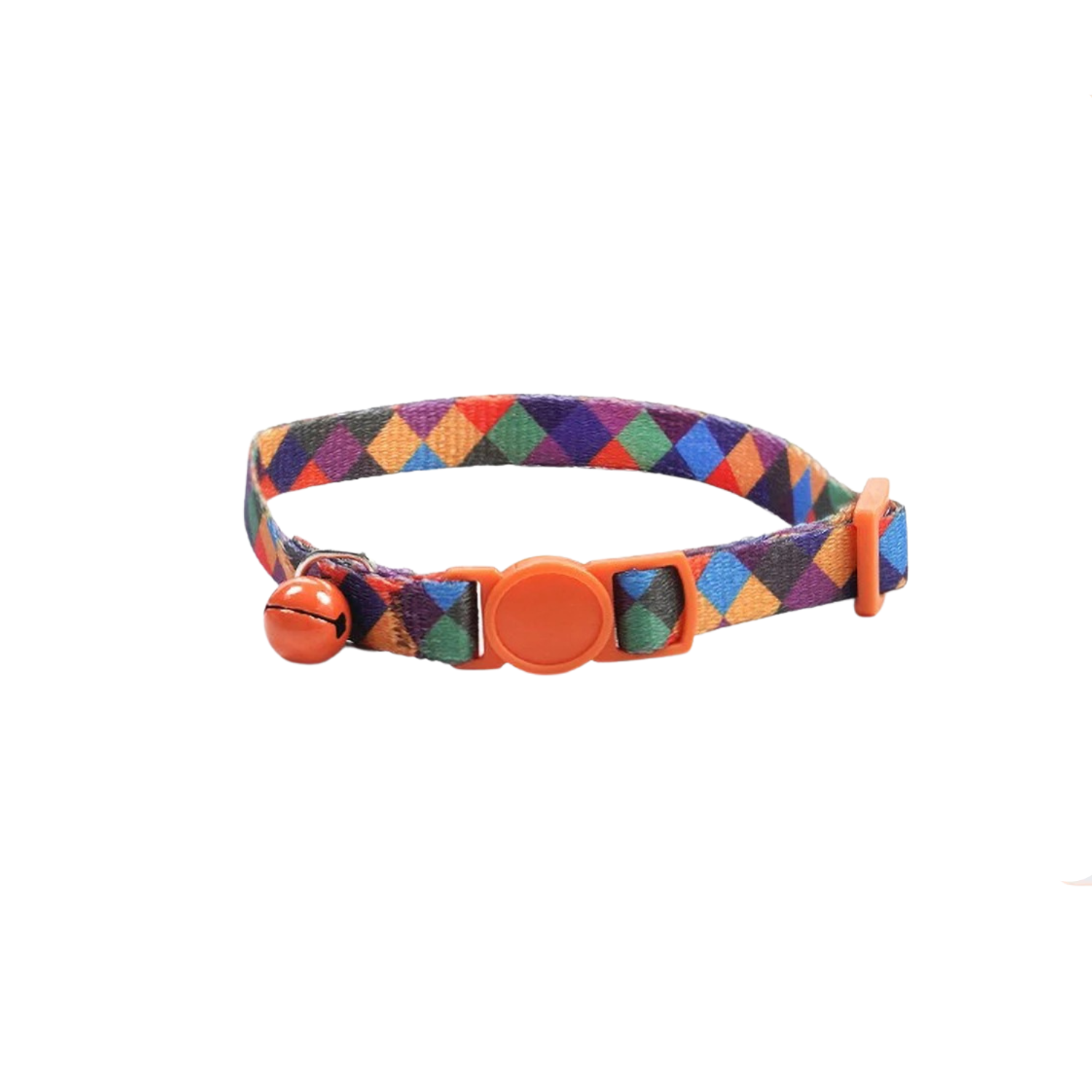 Collier chat coloré à motifs géométriques avec petite clochette orange, adapté chien et laisse.