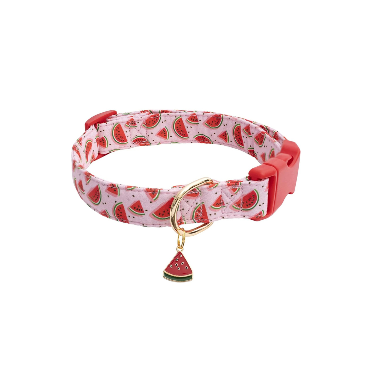 Collier pour chien motif pastèque rose avec breloque pastèque et boucle rouge.