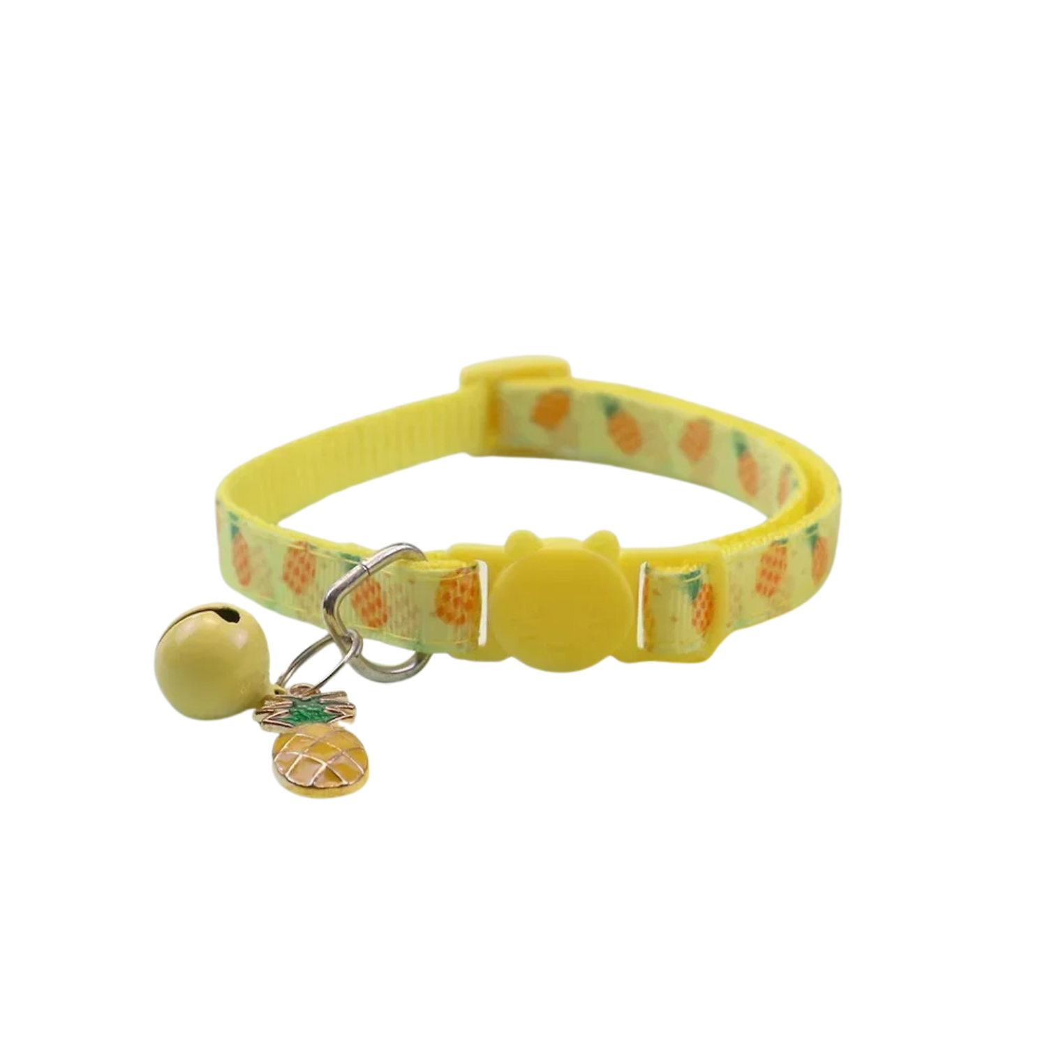 Collier jaune pour chat avec motif ananas, breloque ananas et grelot, adapté chien et laisse.