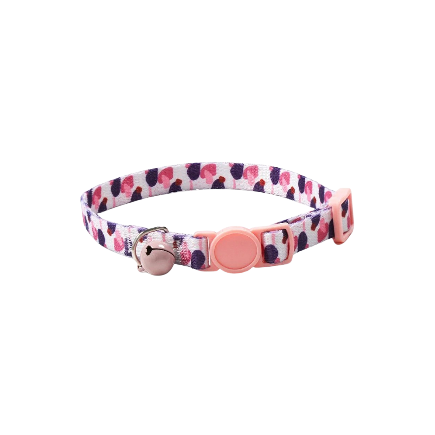 Collier pour chat à motifs fleurs pêche avec petit grelot rose pâle.