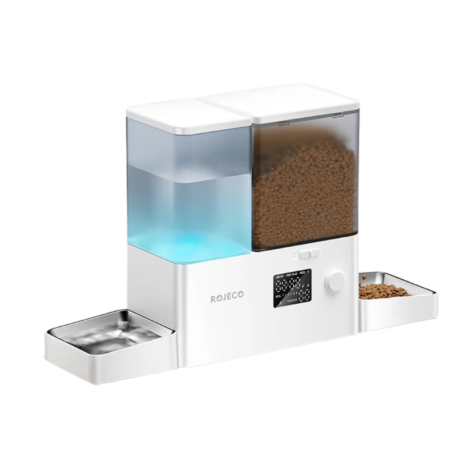 Distributeur blanc avec gamelle inox et réservoirs pour eau et croquettes chien, collier et laisse non inclus.