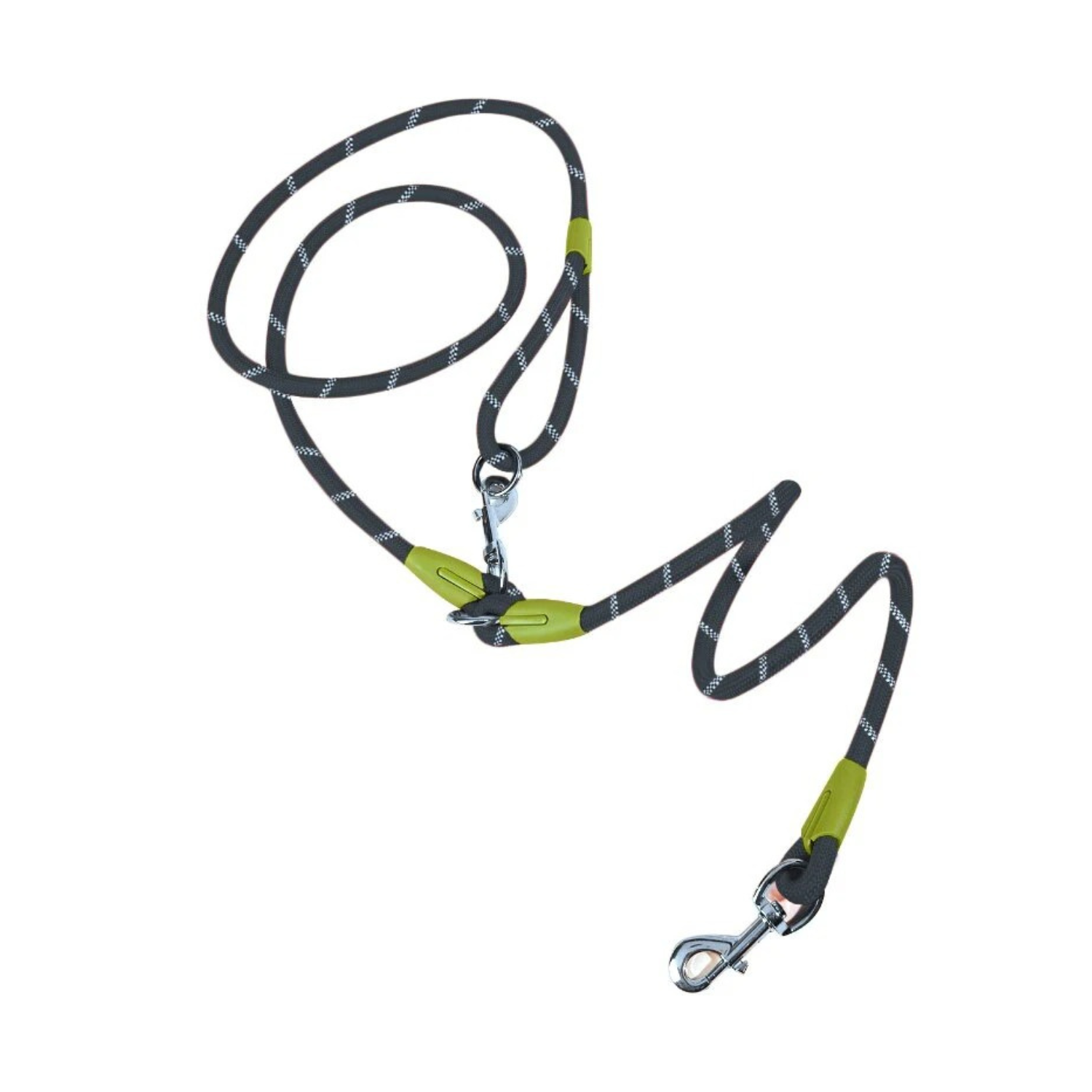 Laisse double en corde noire réfléchissante avec mousquetons pour chien.