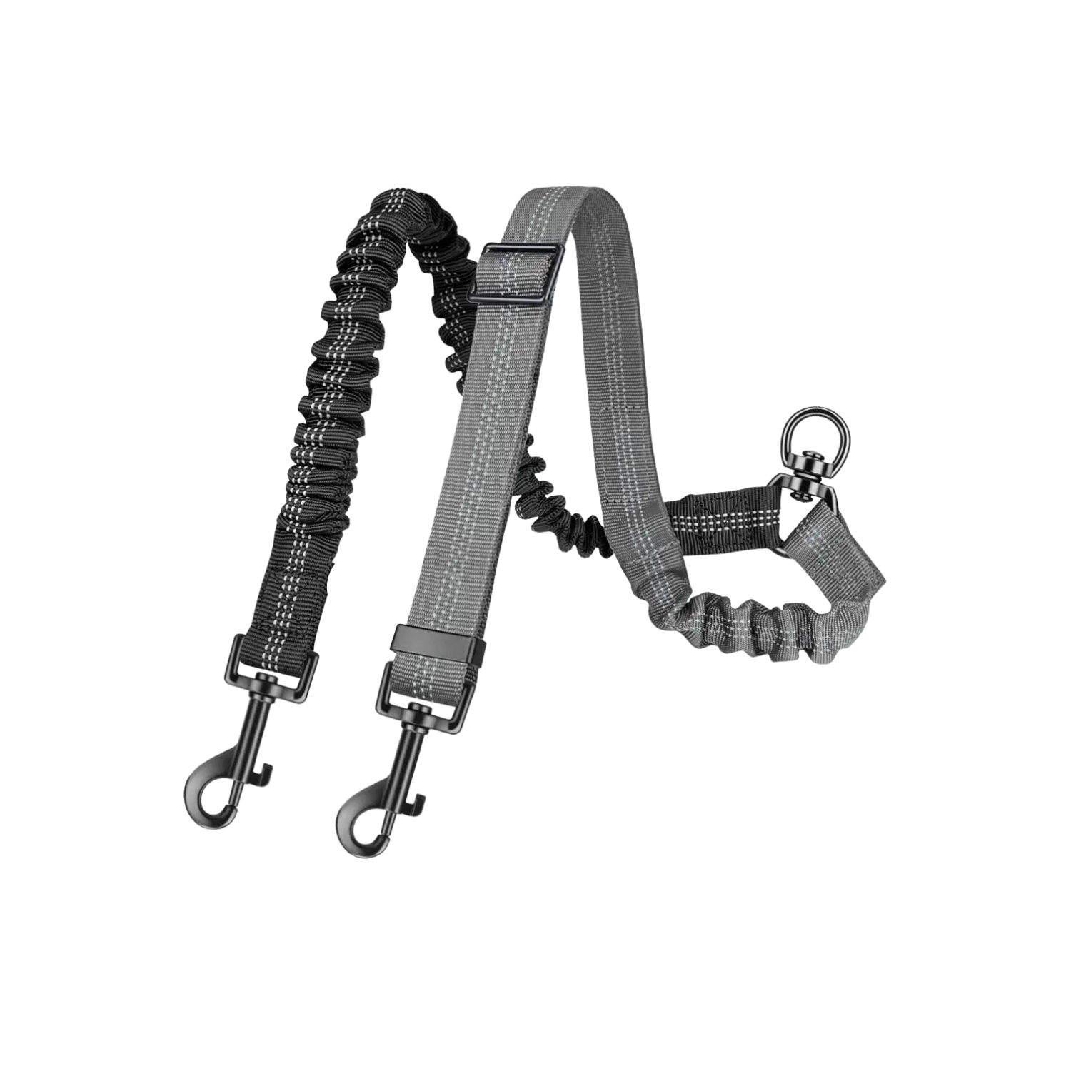 Laisse double grise extensible avec mousquetons pour chien.