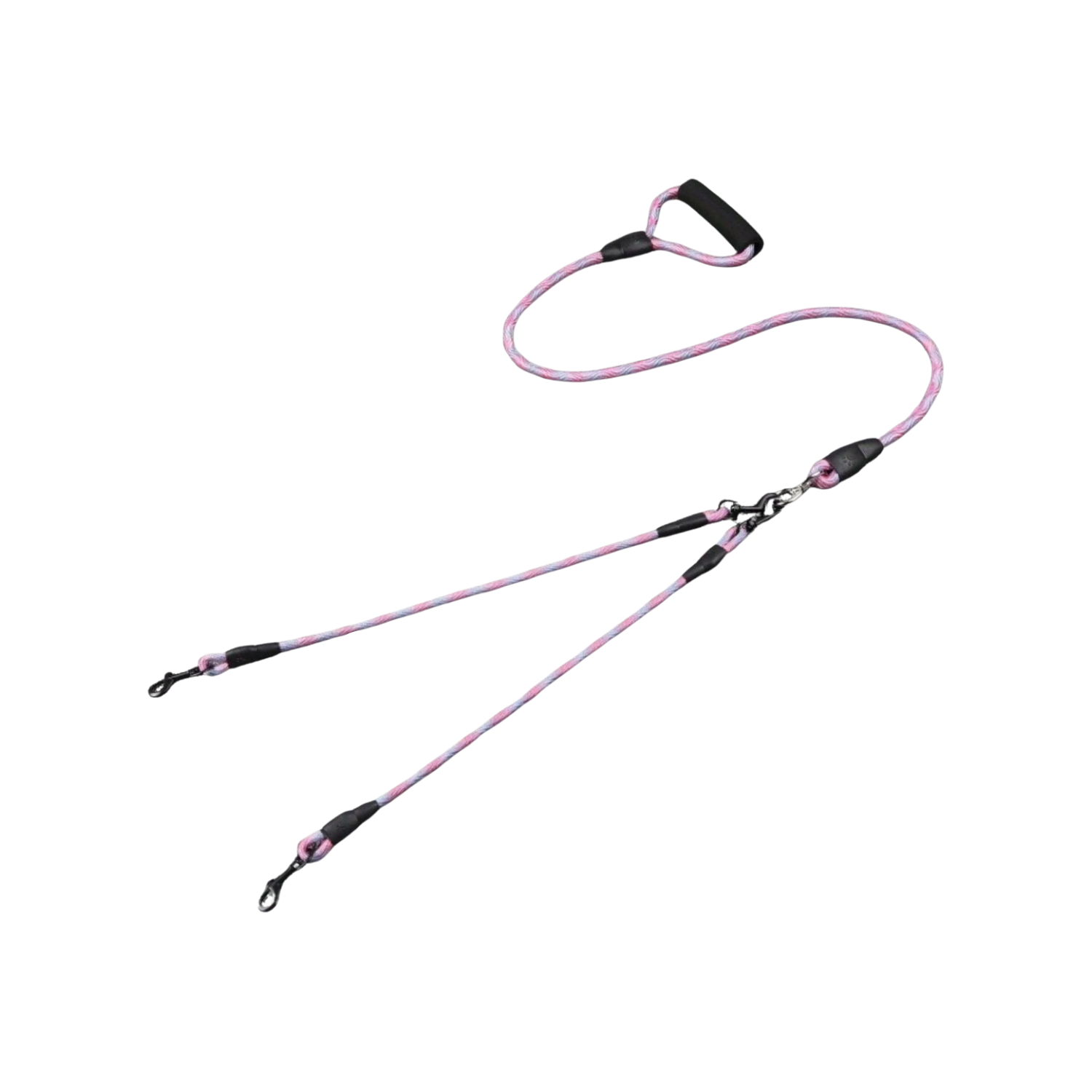 Laisse double rose avec poignée mousse pour chien, attaches métalliques solides.