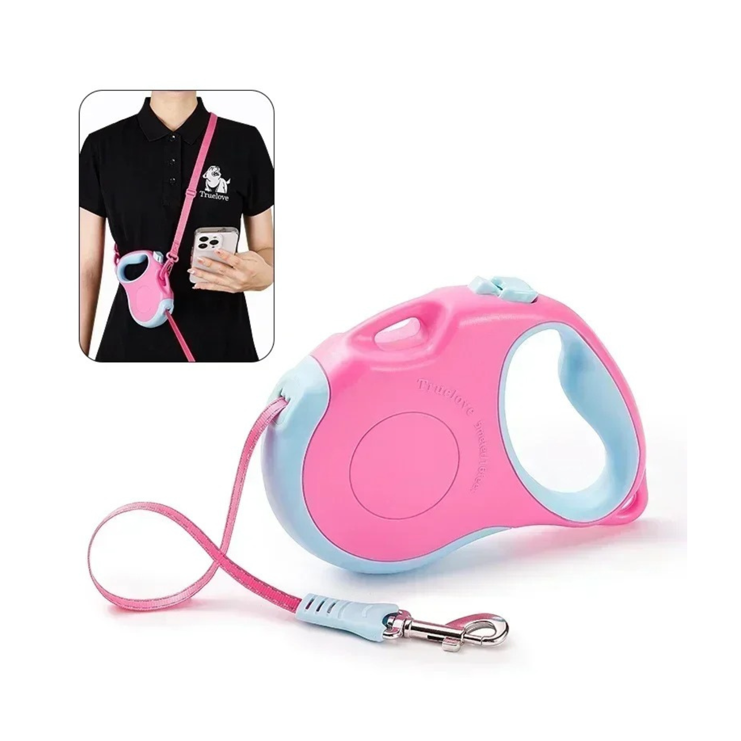 Laisse enrouleur fuchsia avec poignée ergonomique et attache métal pour chien.