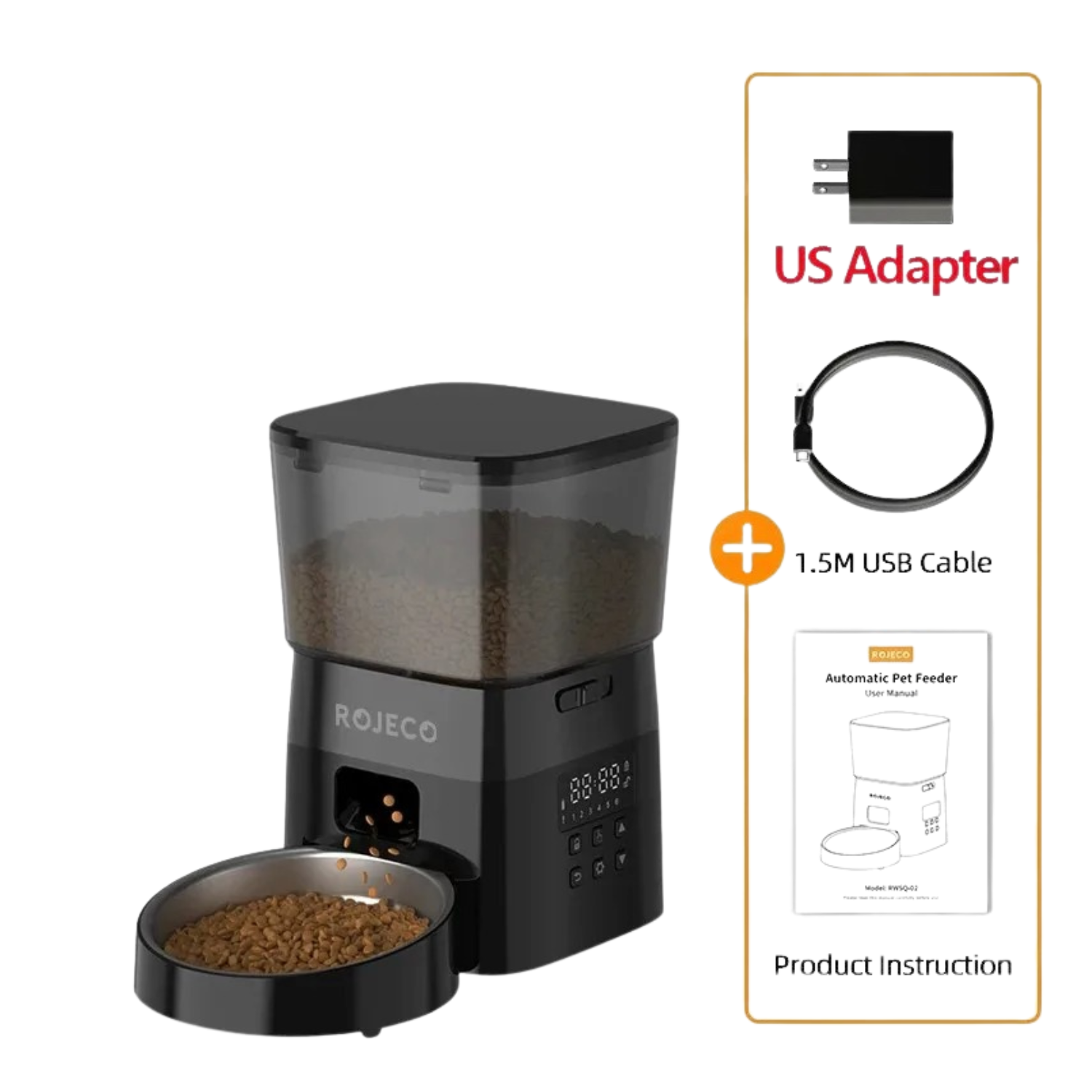 Distributeur automatique de croquettes noir avec gamelle ronde et écran digital, laisse et collier chien non inclus.