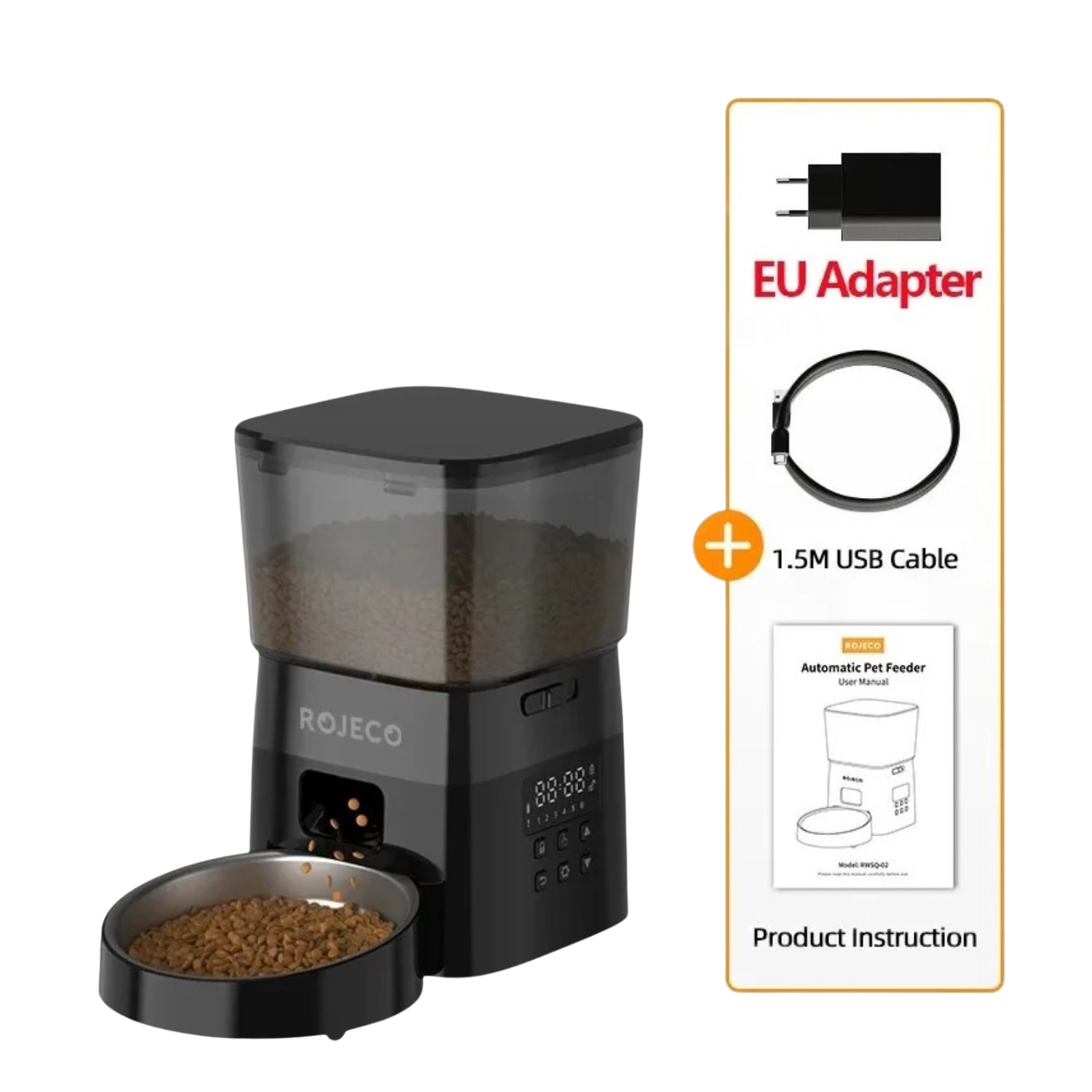 Distributeur de croquettes noir avec gamelle intégrée, idéal pour chien, compatible laisse et collier.