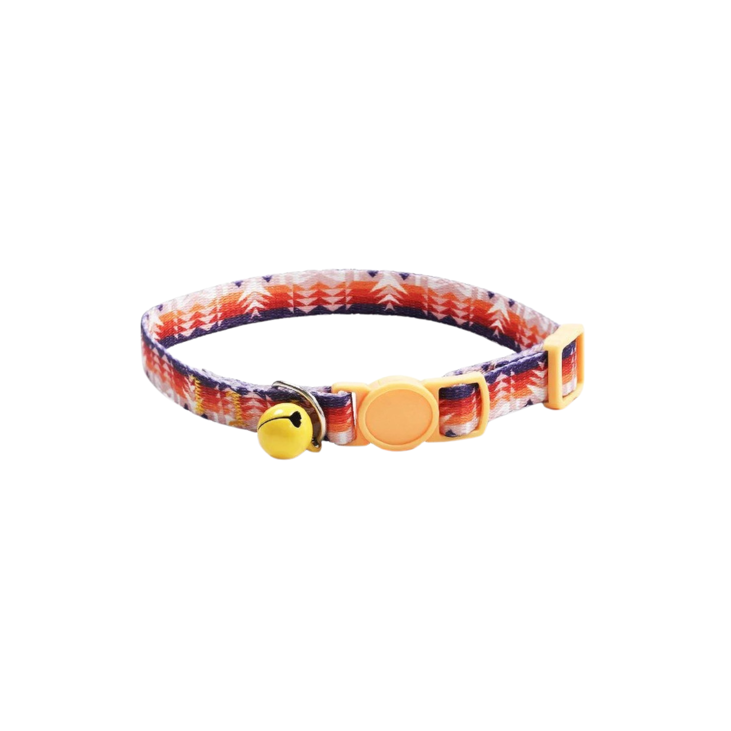 Collier pour chat orange avec motif vague, clochette jaune, boucle réglable, laisse compatible.