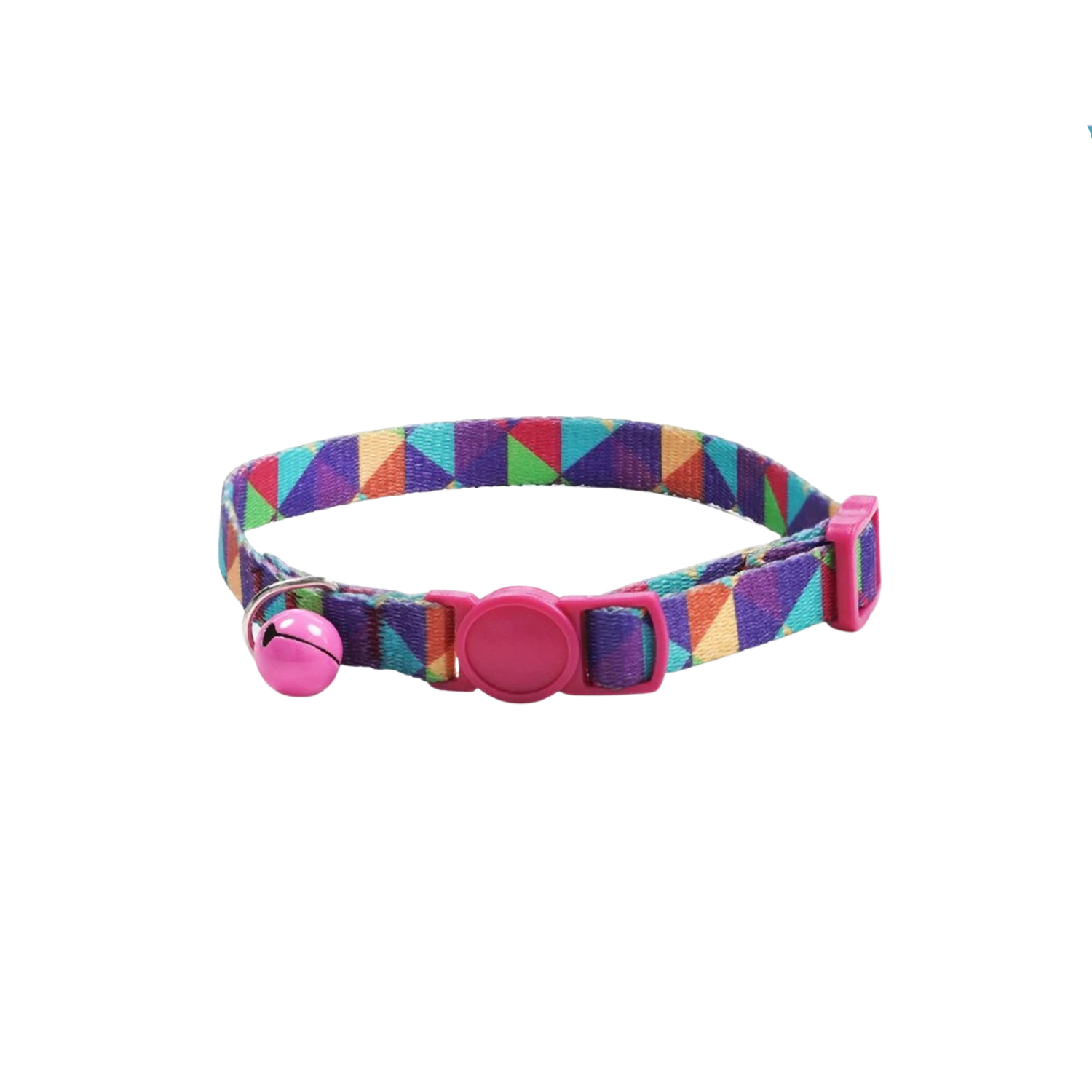 Collier chat coloré à motifs géométriques avec clochette rose pour chien ou chat.