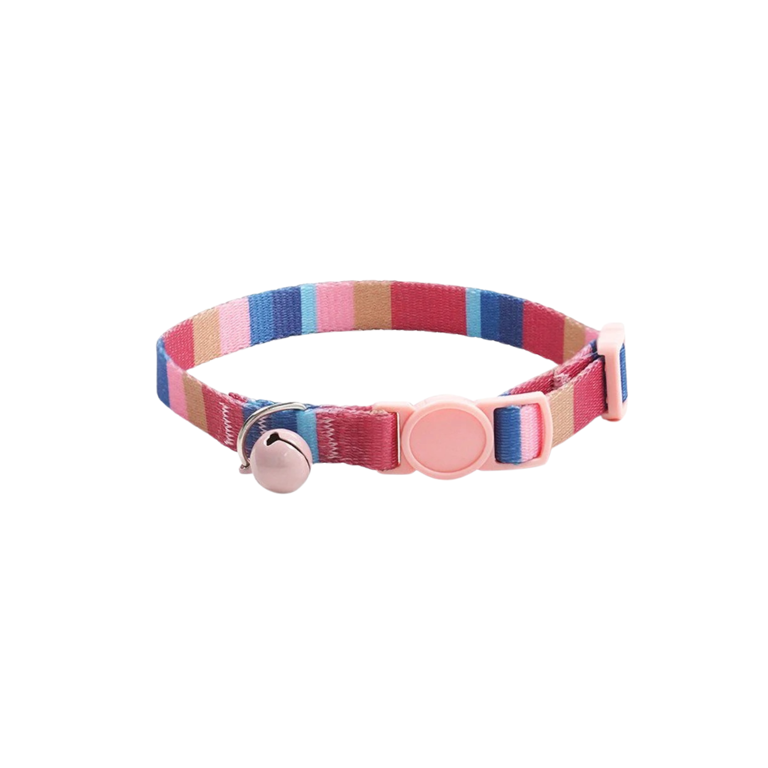 Collier chat rayé rose et bleu avec clochette pour chien et laisse assortie.
