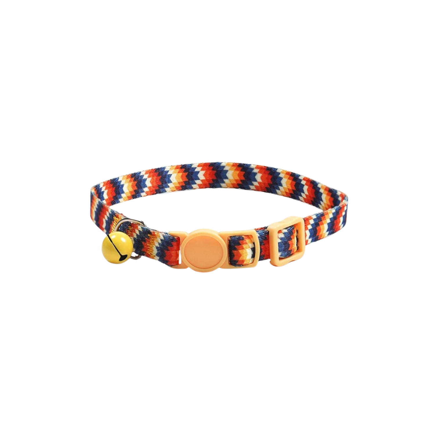 Collier chat coloré rouge, bleu et blanc avec clochette jaune et boucle orange, pour chien ou laisse.