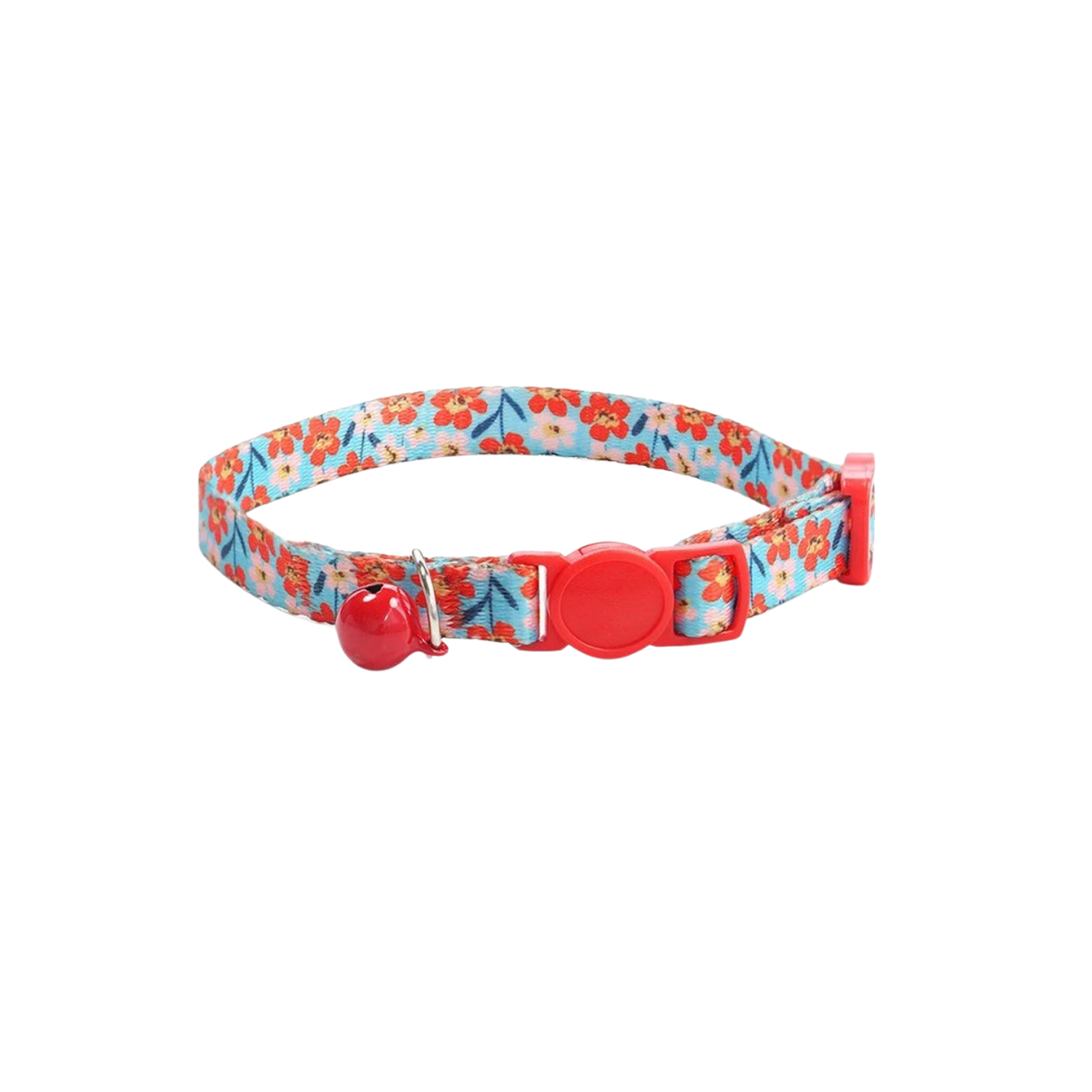 Collier pour chat bleu et rouge à motif fleurs avec clochette rouge, accessoire pour chien et laisse décorative.
