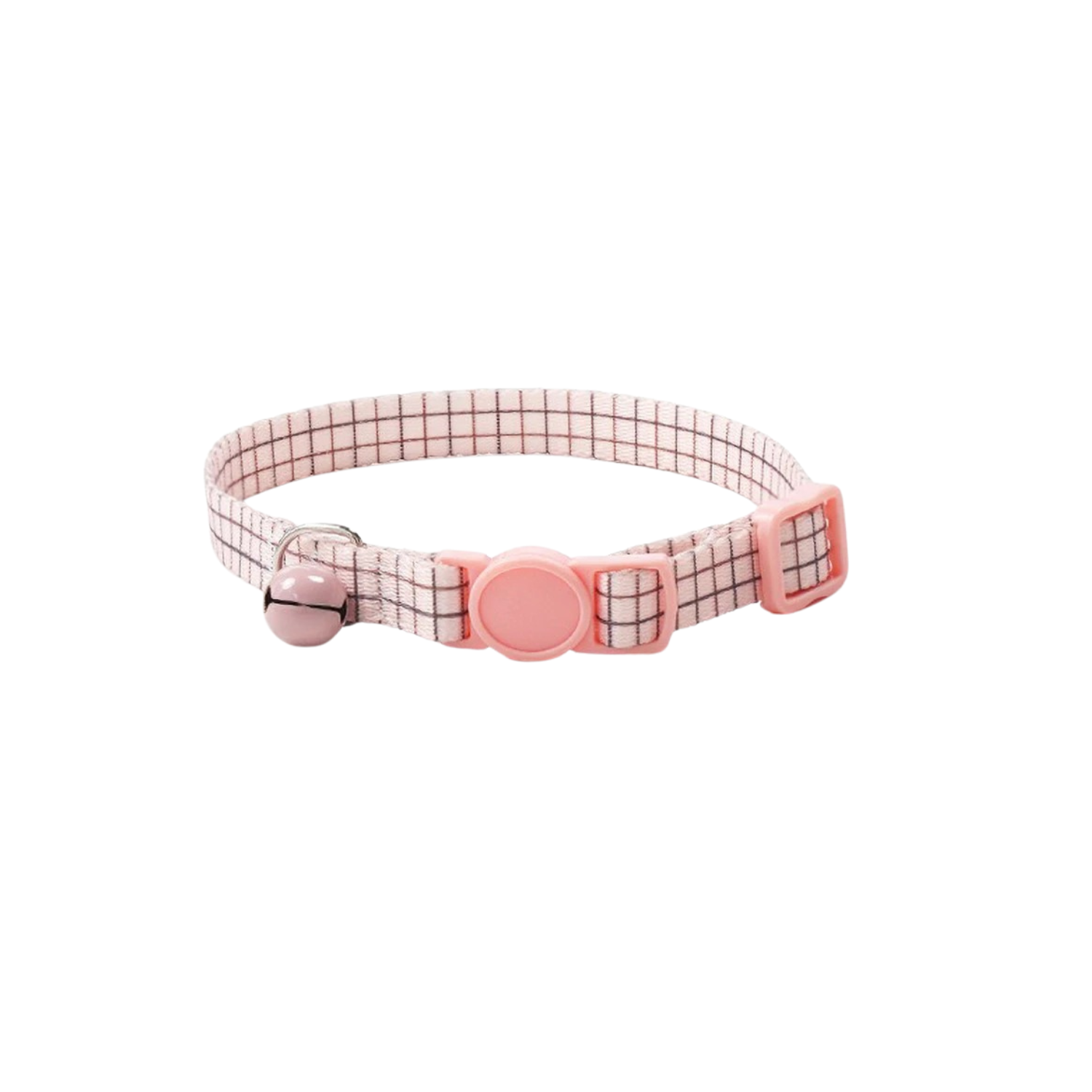 Collier chat pastel à carreaux avec clochette rose, idéal pour chien ou laisse.