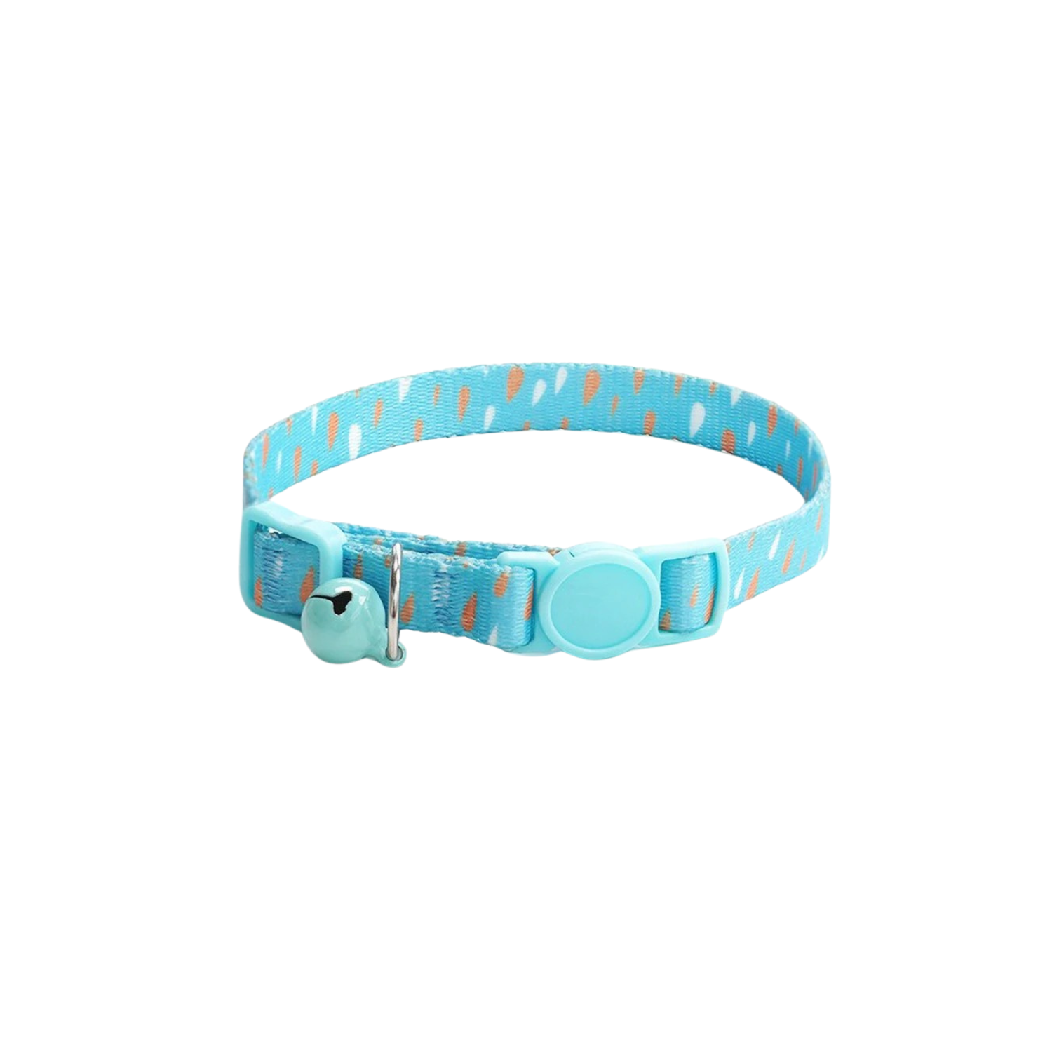 Collier bleu clair avec motifs oranges et clochette, adapté pour chat ou petit chien.