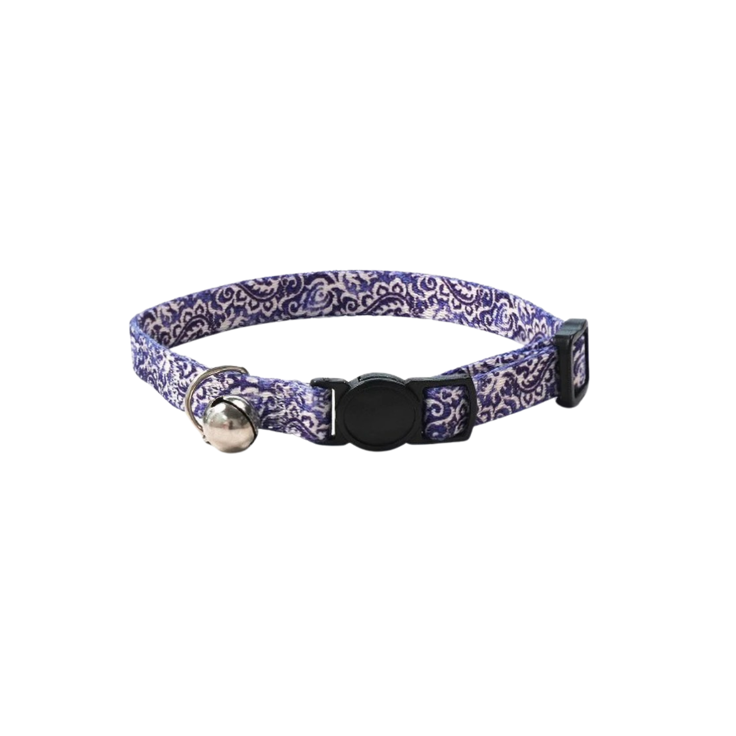 Collier chat bleu avec motifs blancs, clochette et boucle noire, laisse assortie possible.