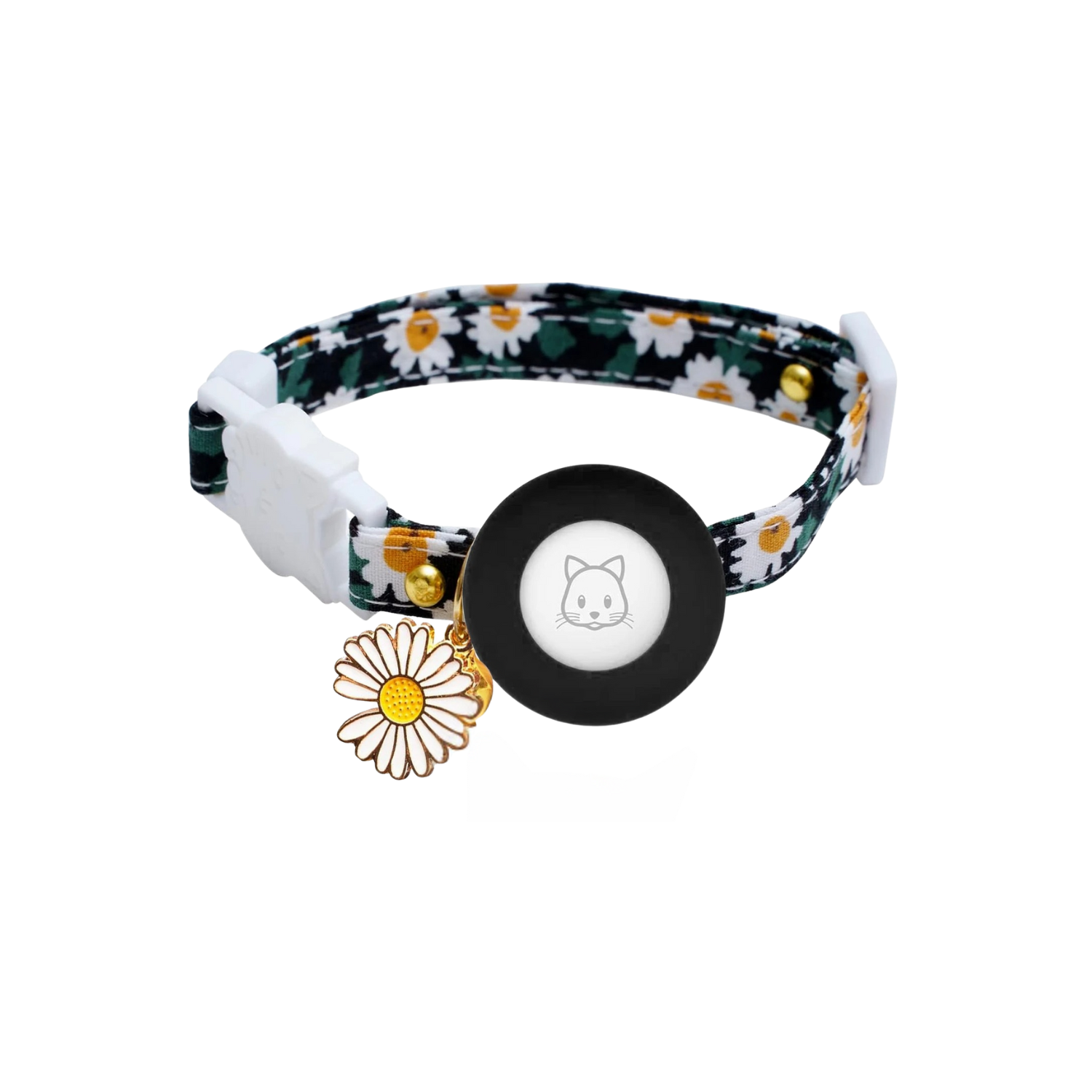 Collier chat fleuri avec porte Airtag noir et breloque marguerite.