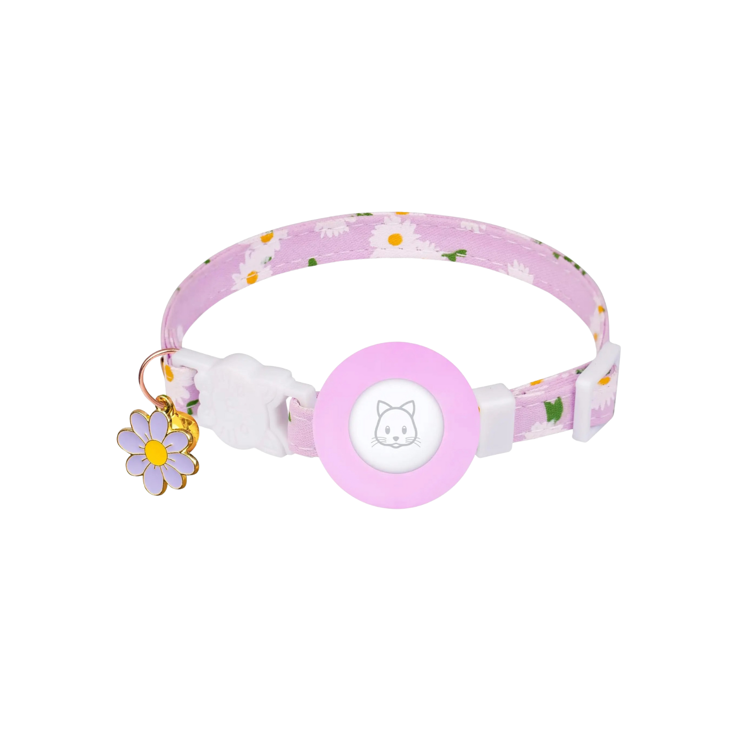 Collier chat fleur violet avec porte Airtag rond et laisse assortie.