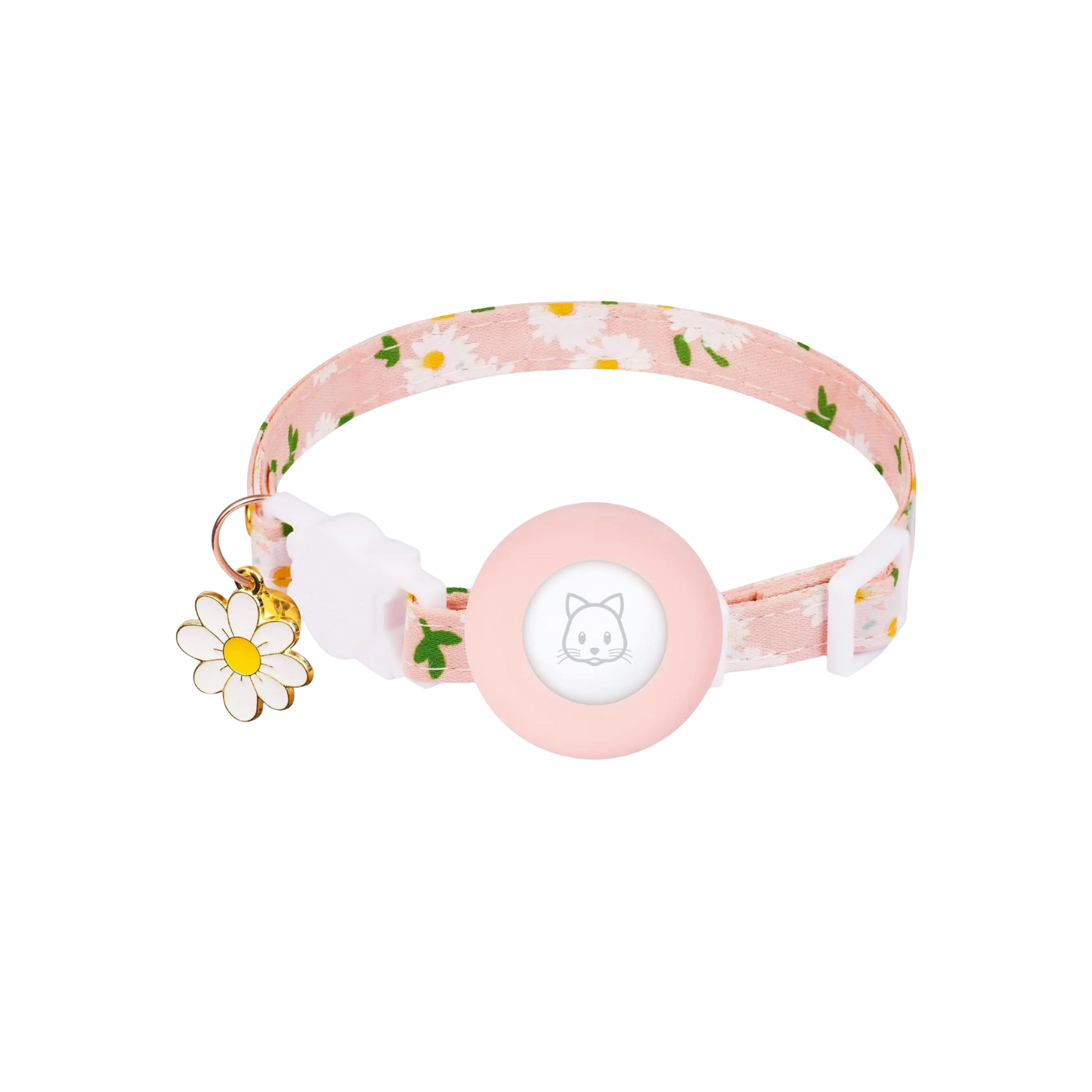 Collier chat rose à fleurs avec porte Airtag et breloque marguerite.