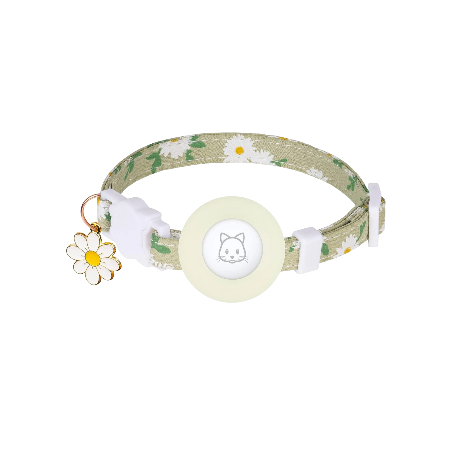 Collier chat vert à motifs marguerites avec porte Airtag et pendentif fleur.
