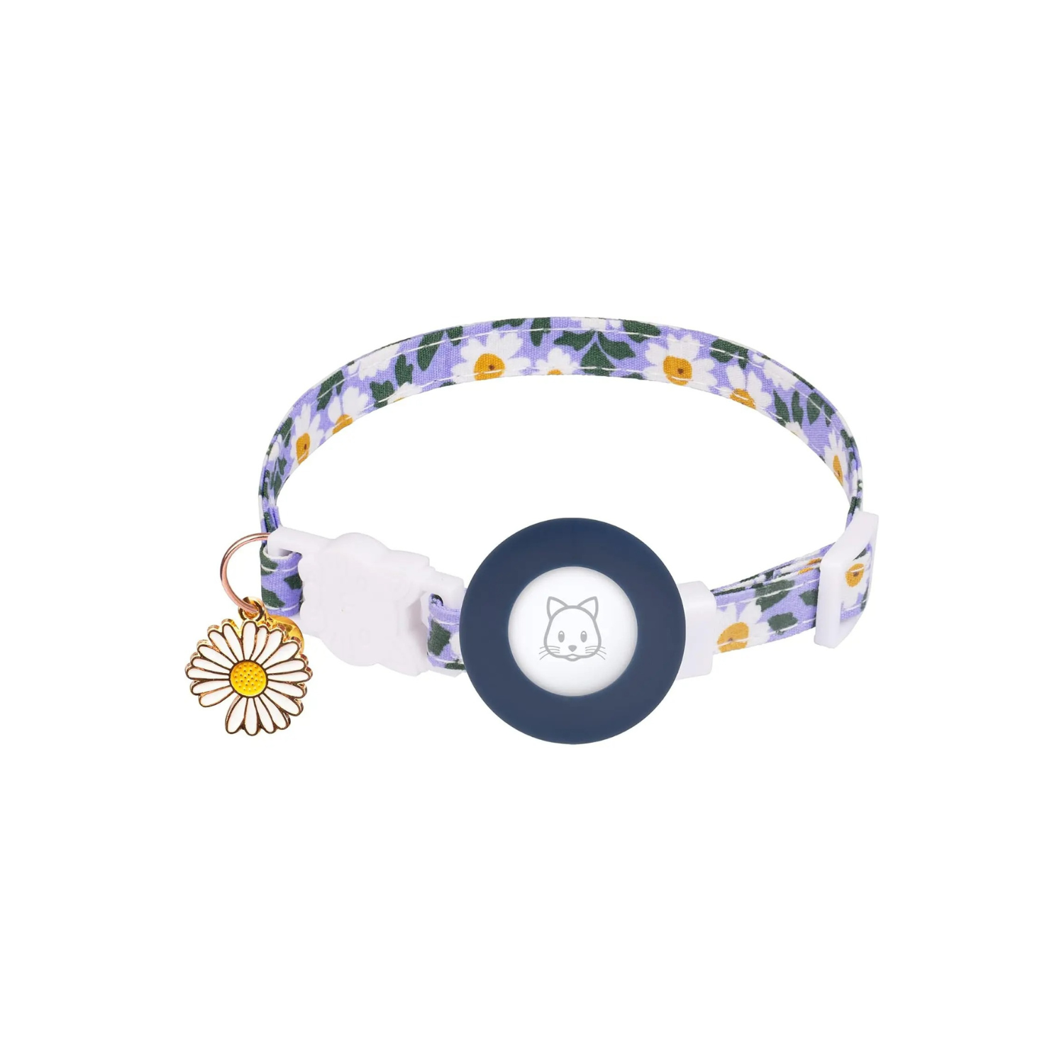 Collier chat fleuri avec porte Airtag bleu et pendentif marguerite, pour chien ou laisse.