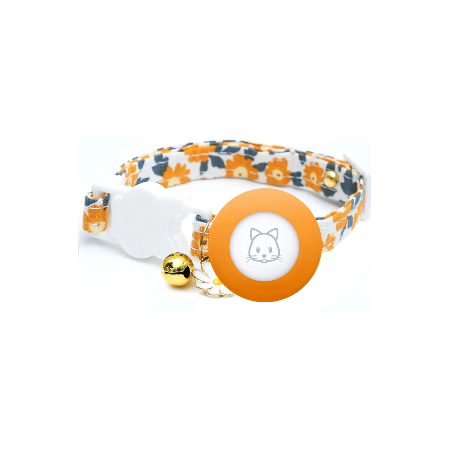 Collier chat orange à fleurs avec porte Airtag et clochette dorée.