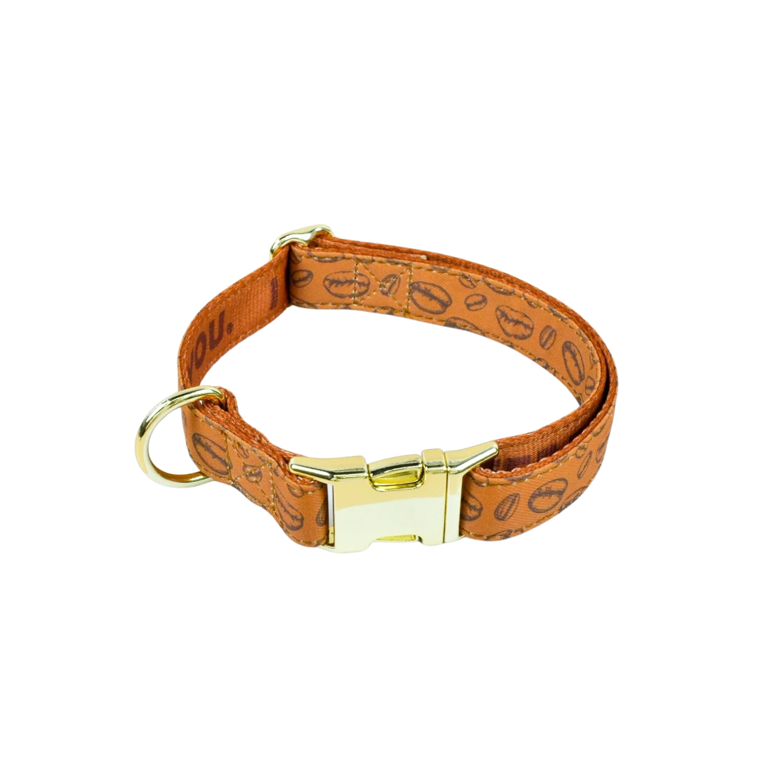Collier pour chien en tissu orange avec boucle métallique dorée et anneau pour laisse.