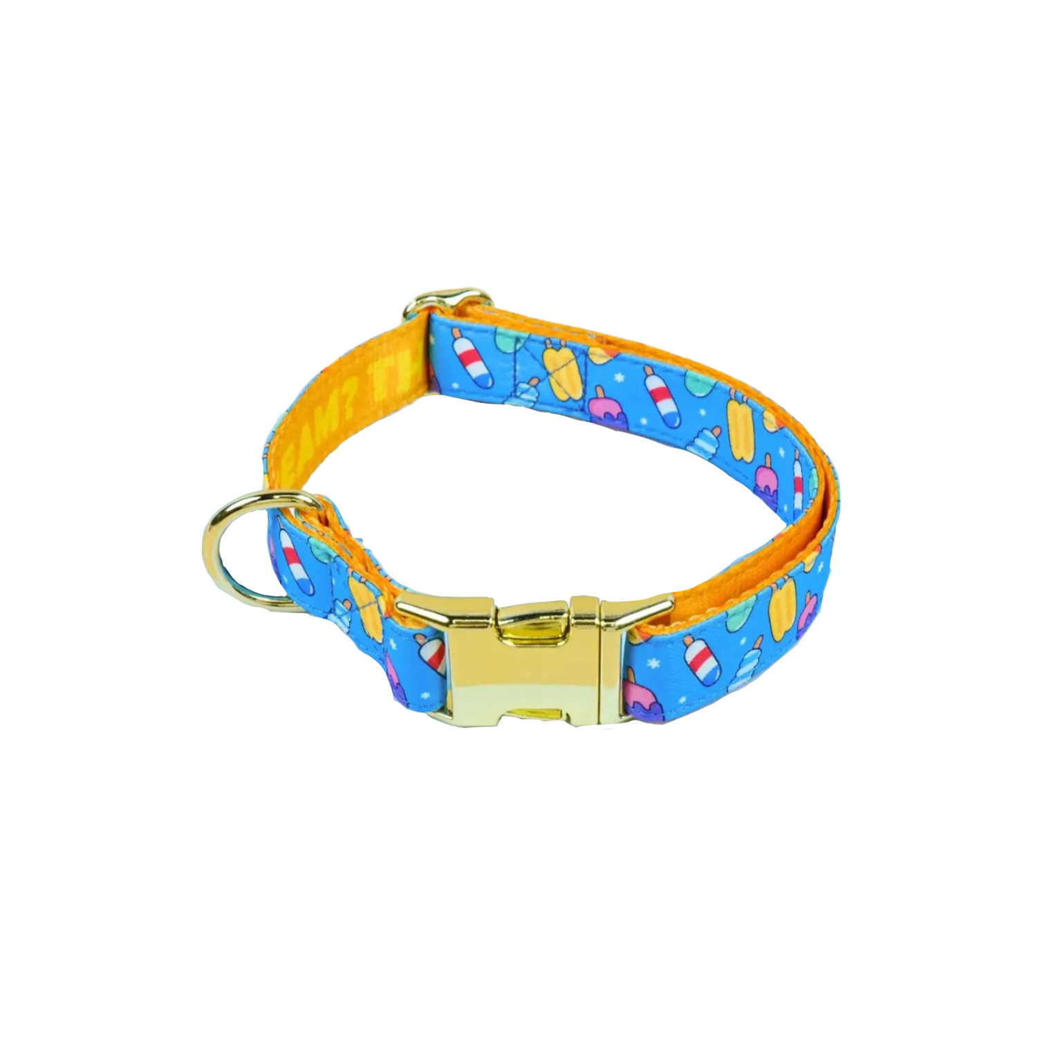 Collier chien taille M bleu motifs glace avec boucle métal doré pour laisse.