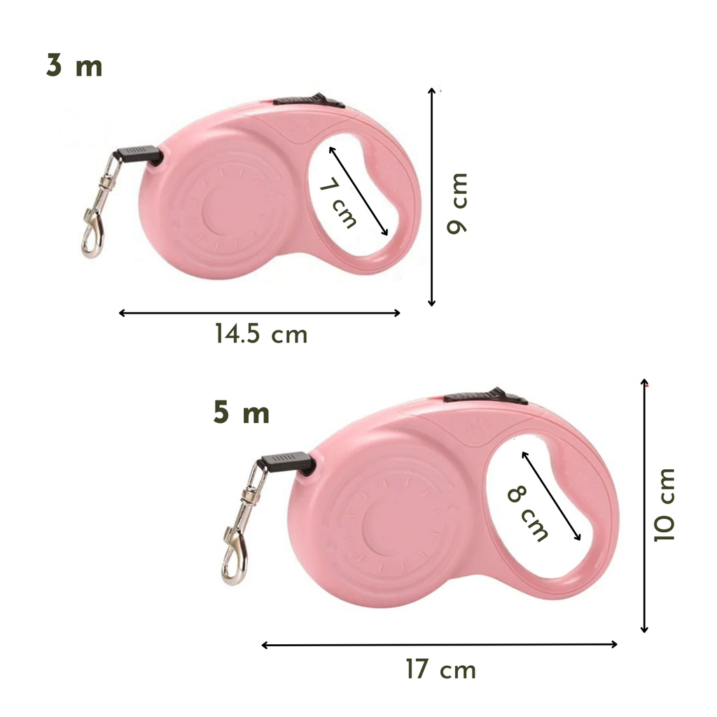 Laisse enrouleur rose 3m avec poignée ergonomique et attache métal pour chien.
