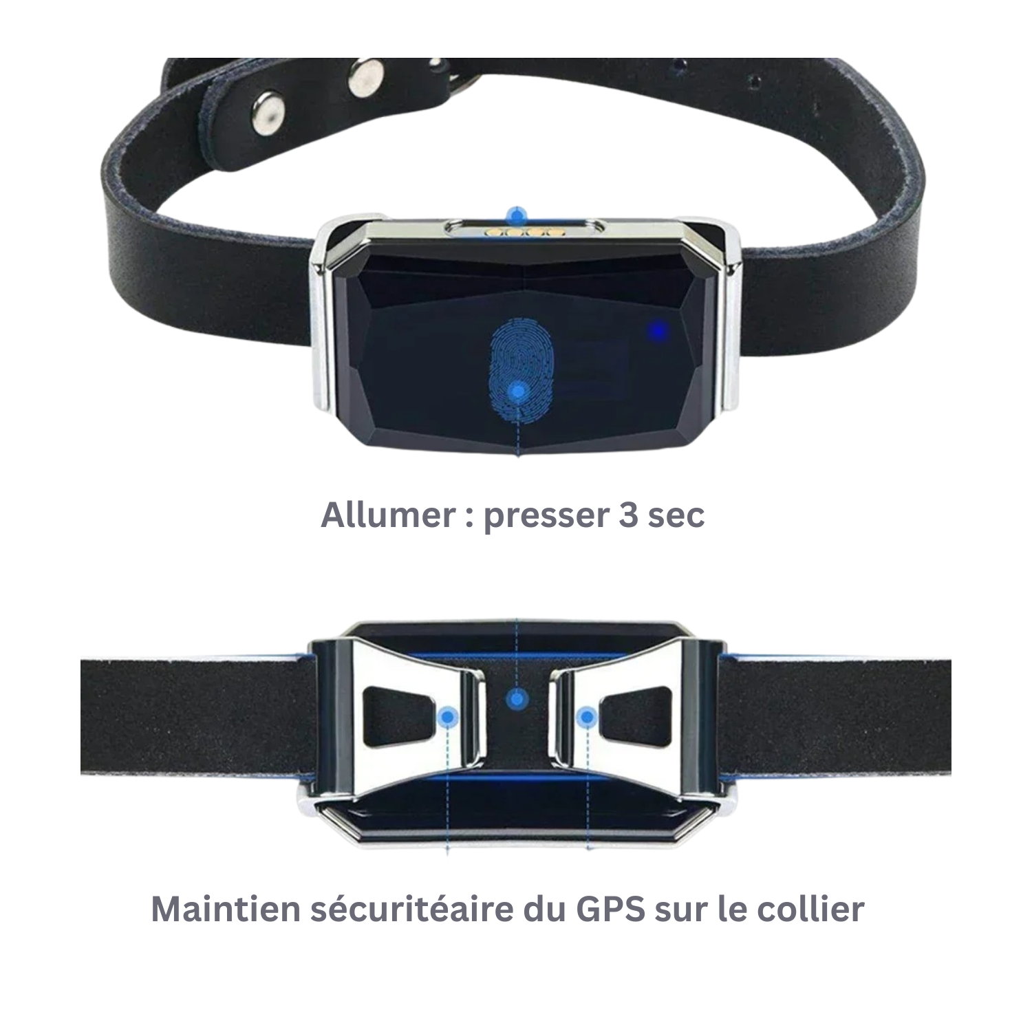 Collier GPS noir avec dispositif digital pour chien, maintien sécurisé visible.