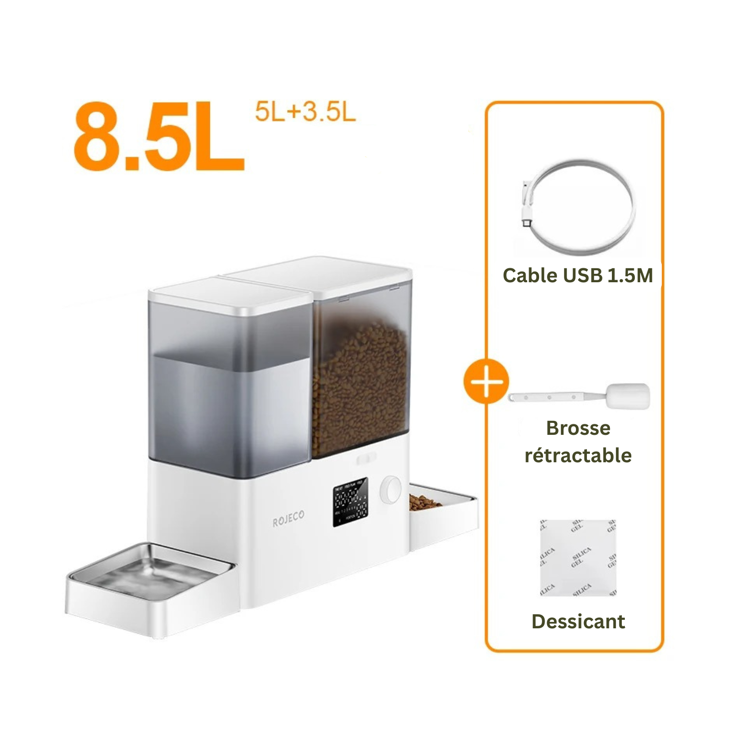 Distributeur blanc 8,5L pour gamelle chien avec fontaine intégrée, câble USB, brosse et dessicant.