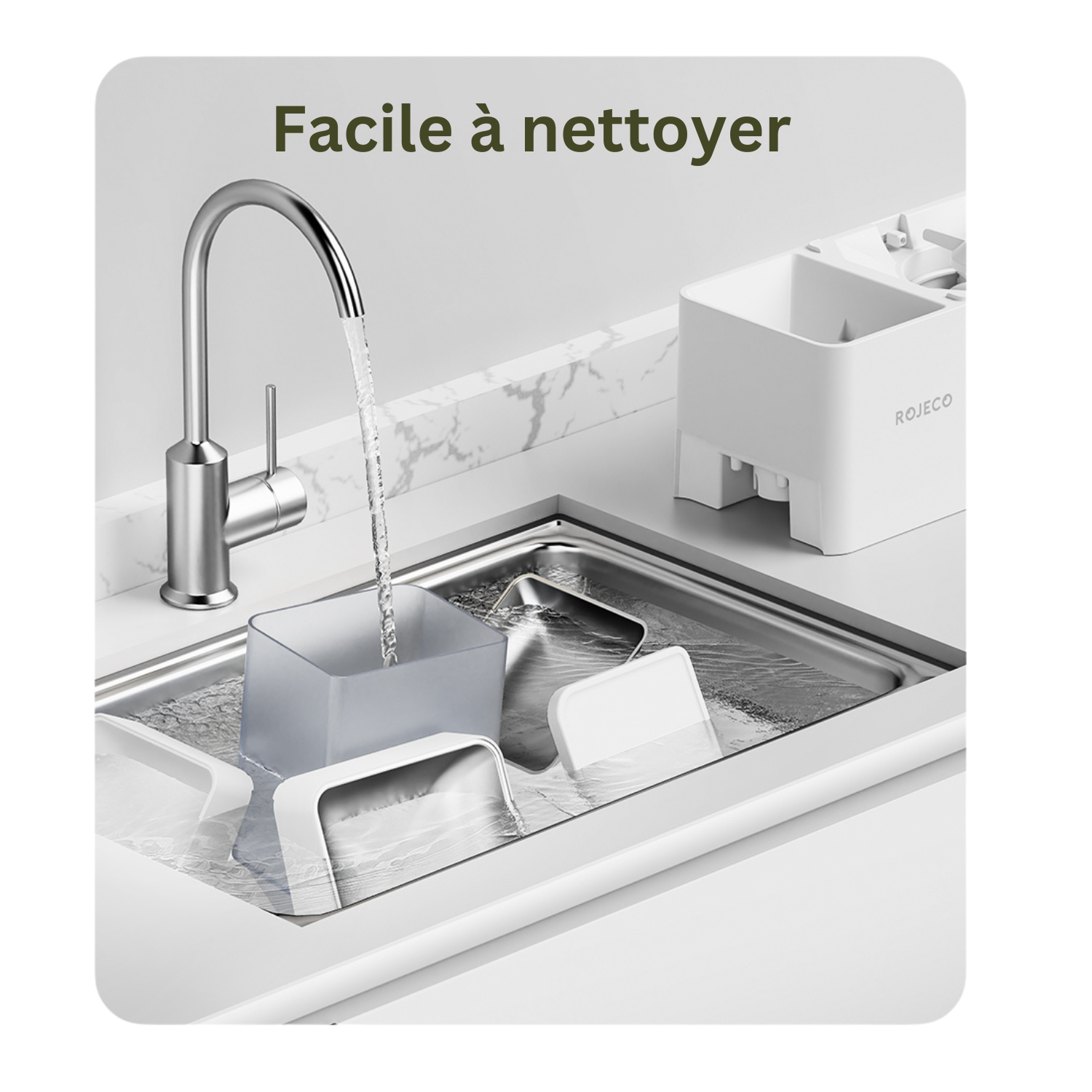 Distributeur croquette et fontaine ROJECO en inox pour chien avec gamelle et collier, facile à nettoyer.