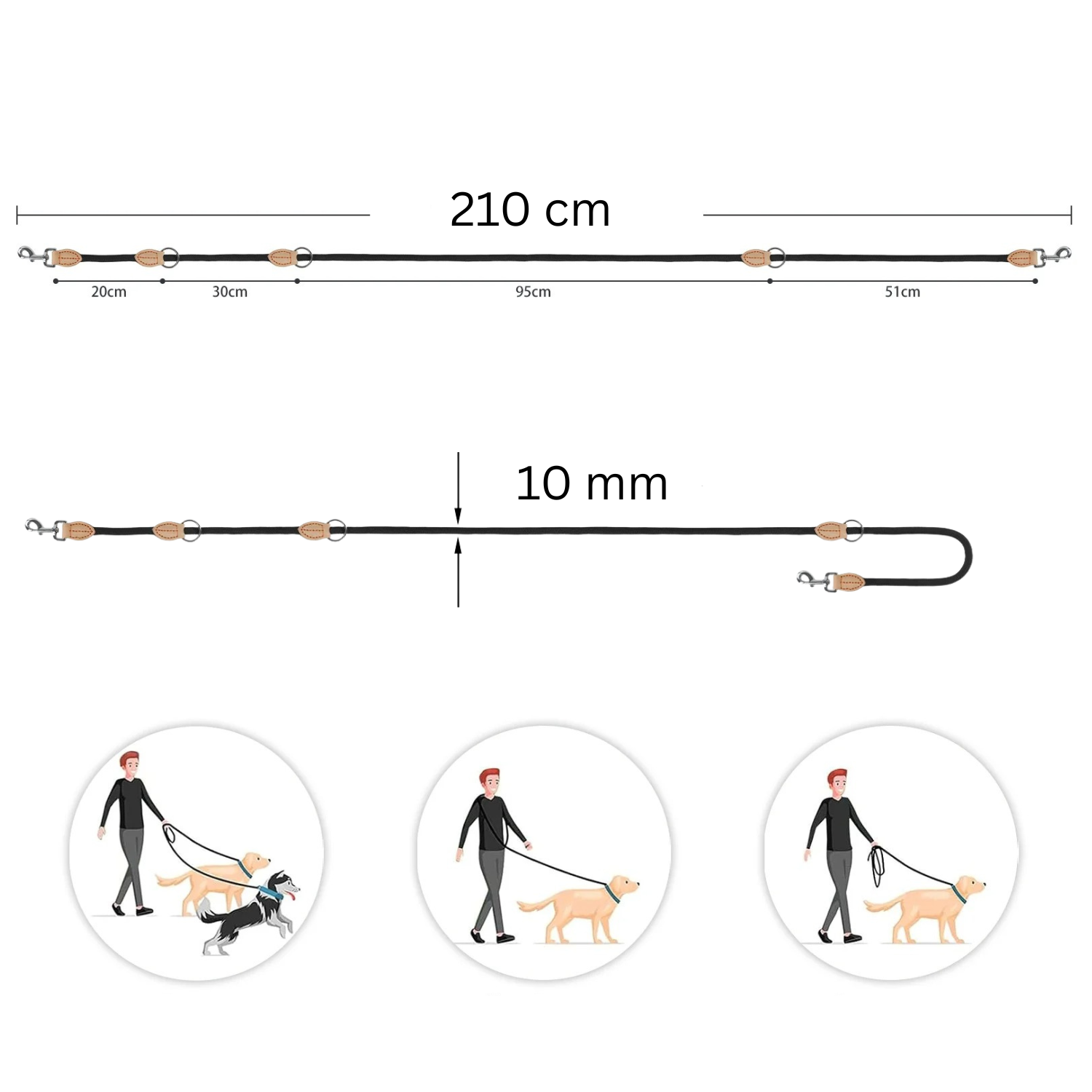 Laisse noire fine pour chien 210 cm avec collier et attache, résistant et polyvalent.