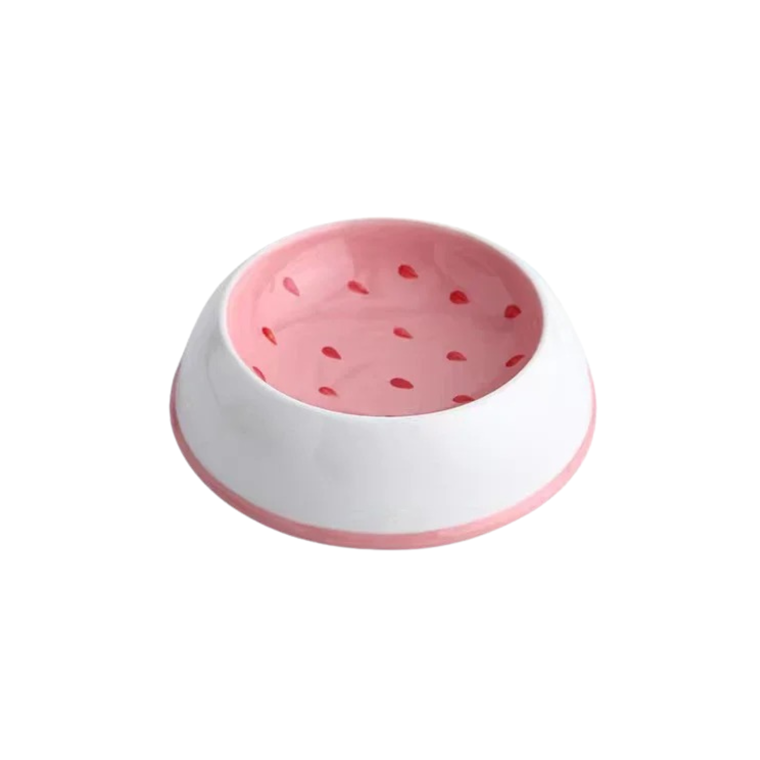 Gamelle en céramique rose à motifs fraise pour chien, assortie à collier et laisse.