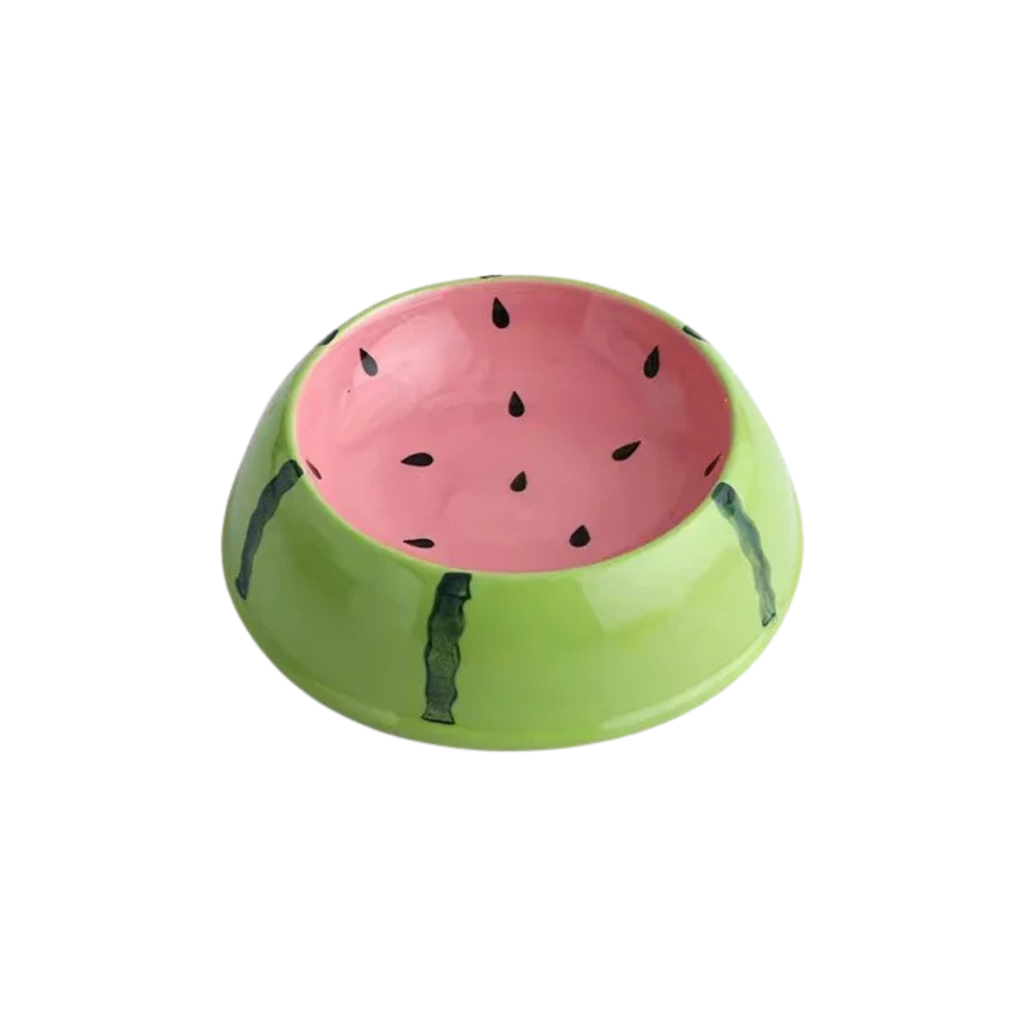 Gamelle en céramique pour chien, design pastèque vert et rose avec graines noires.